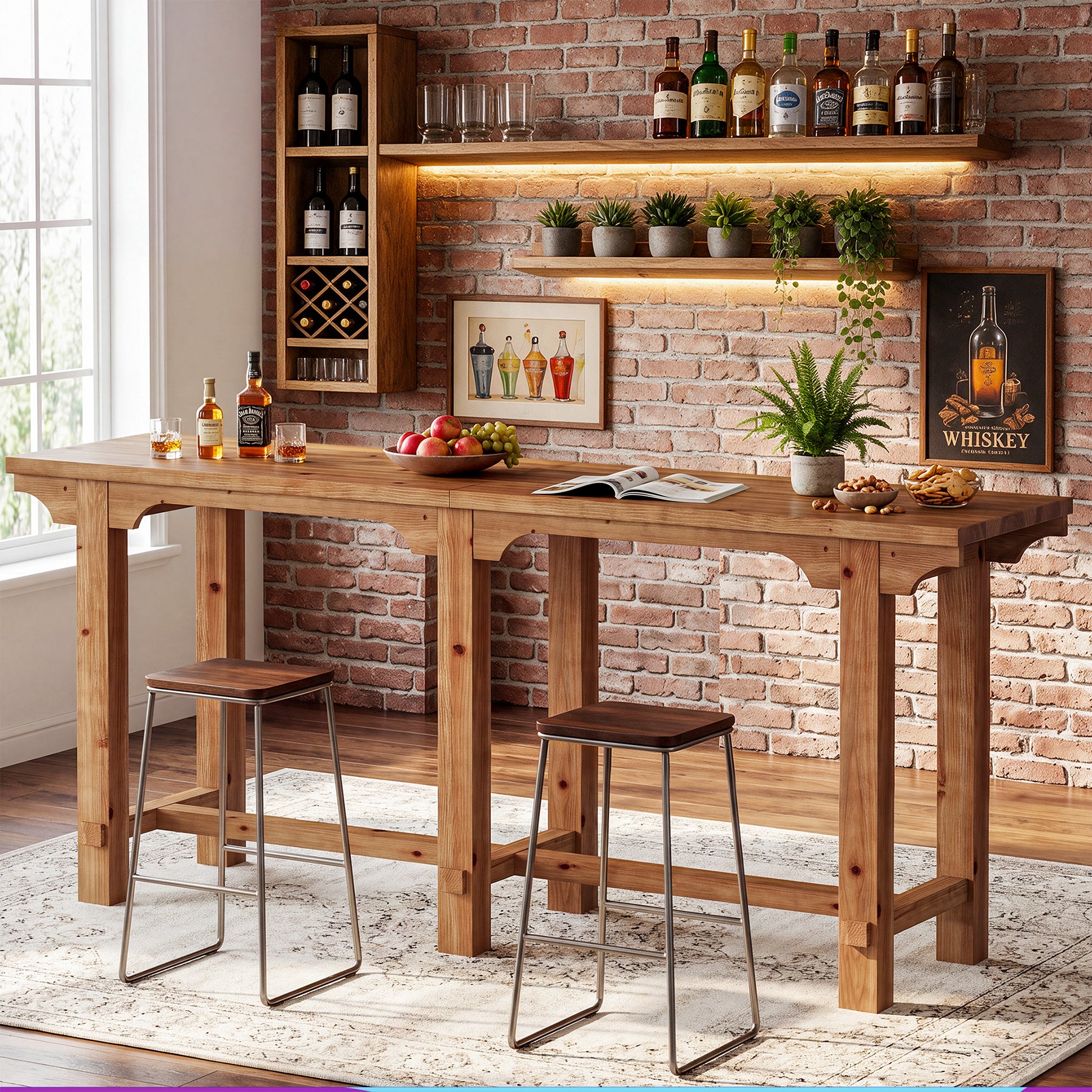 79" Extra Long Bar Table for 6-8, Counter Height Solid Wood Pub Table, Narrow High Top