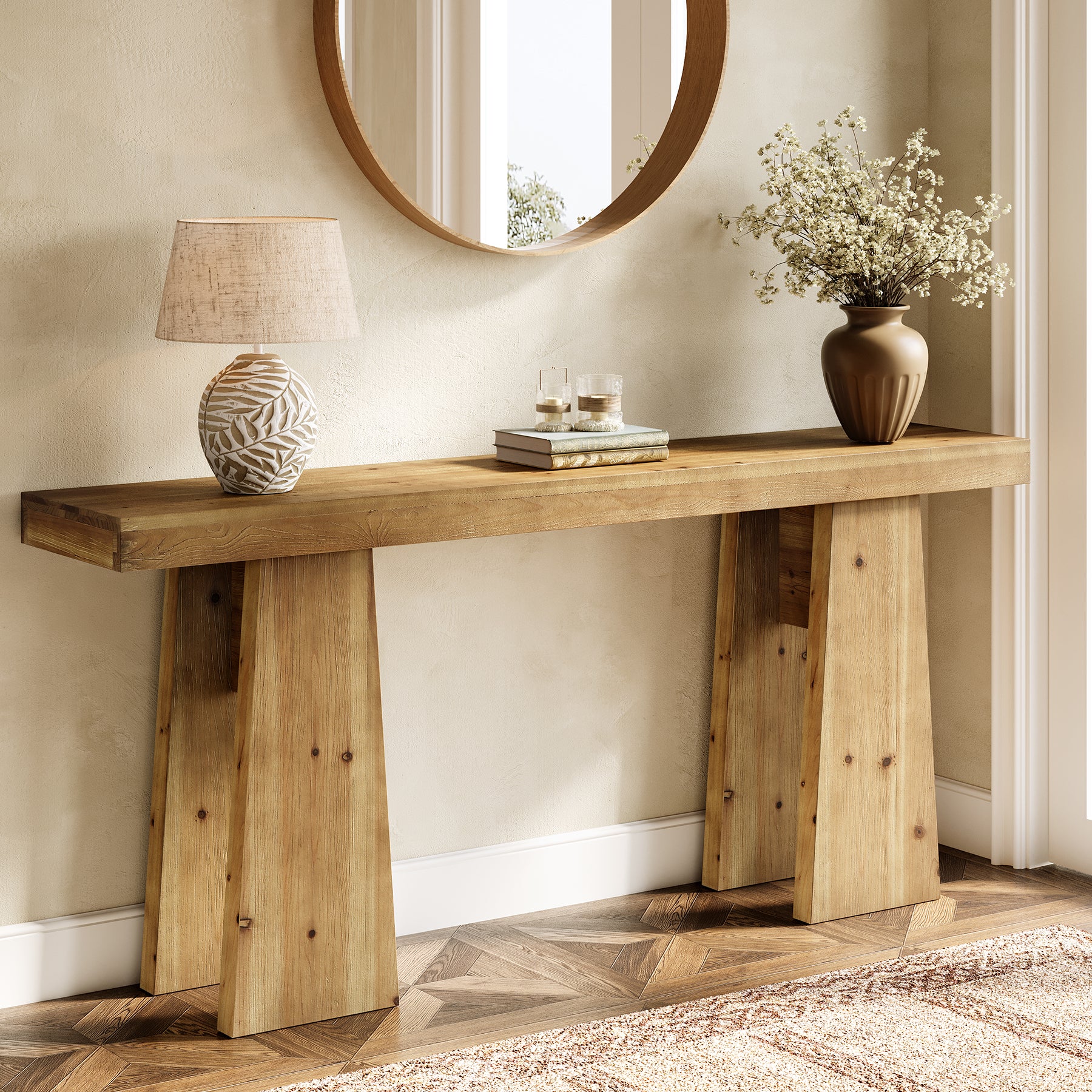 70.9" Solid Wood Console Table, Long Sofa Table with Reinforced Frame