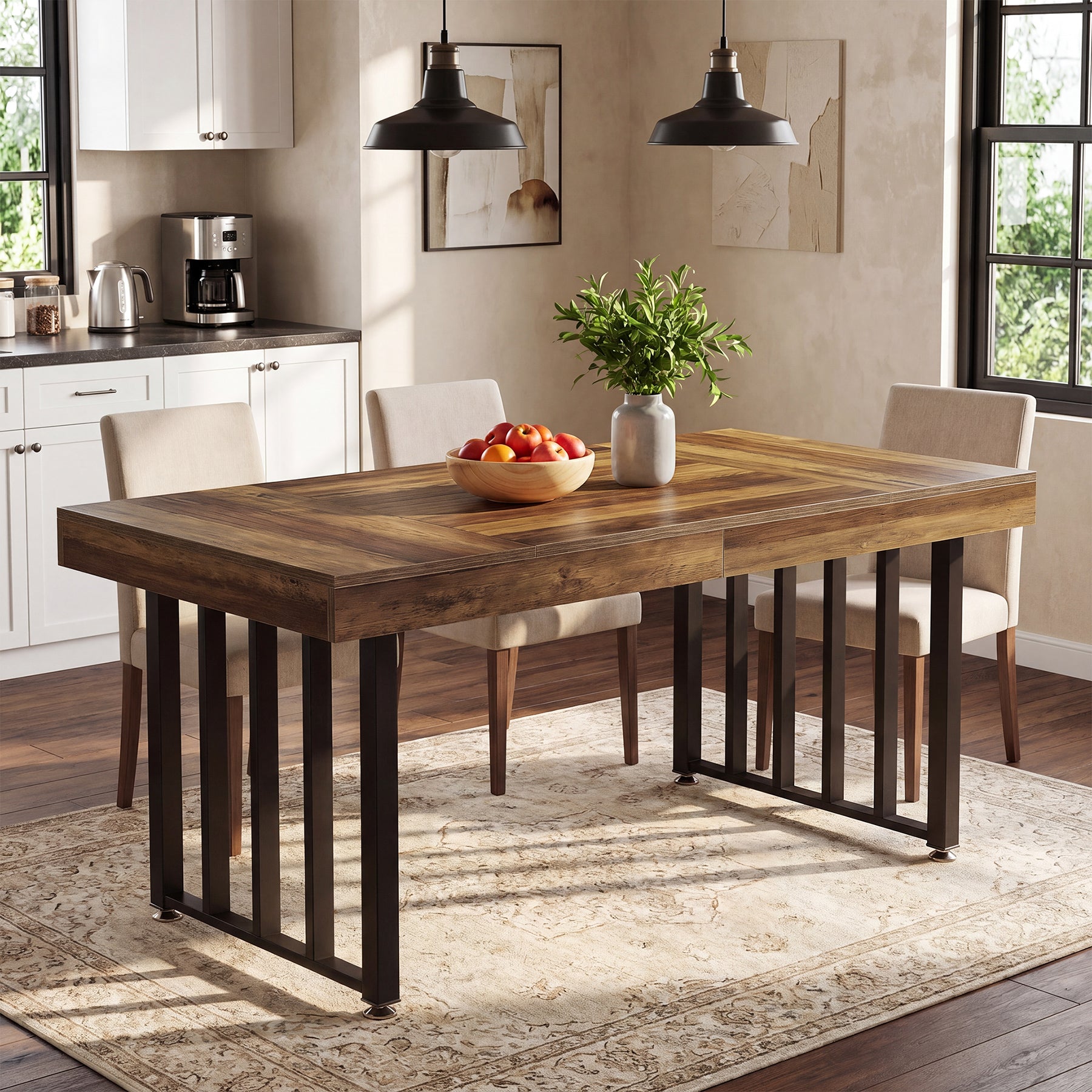 55.12" Dining Table for 4-6 People, Rectangle Kitchen Table with Metal Frame