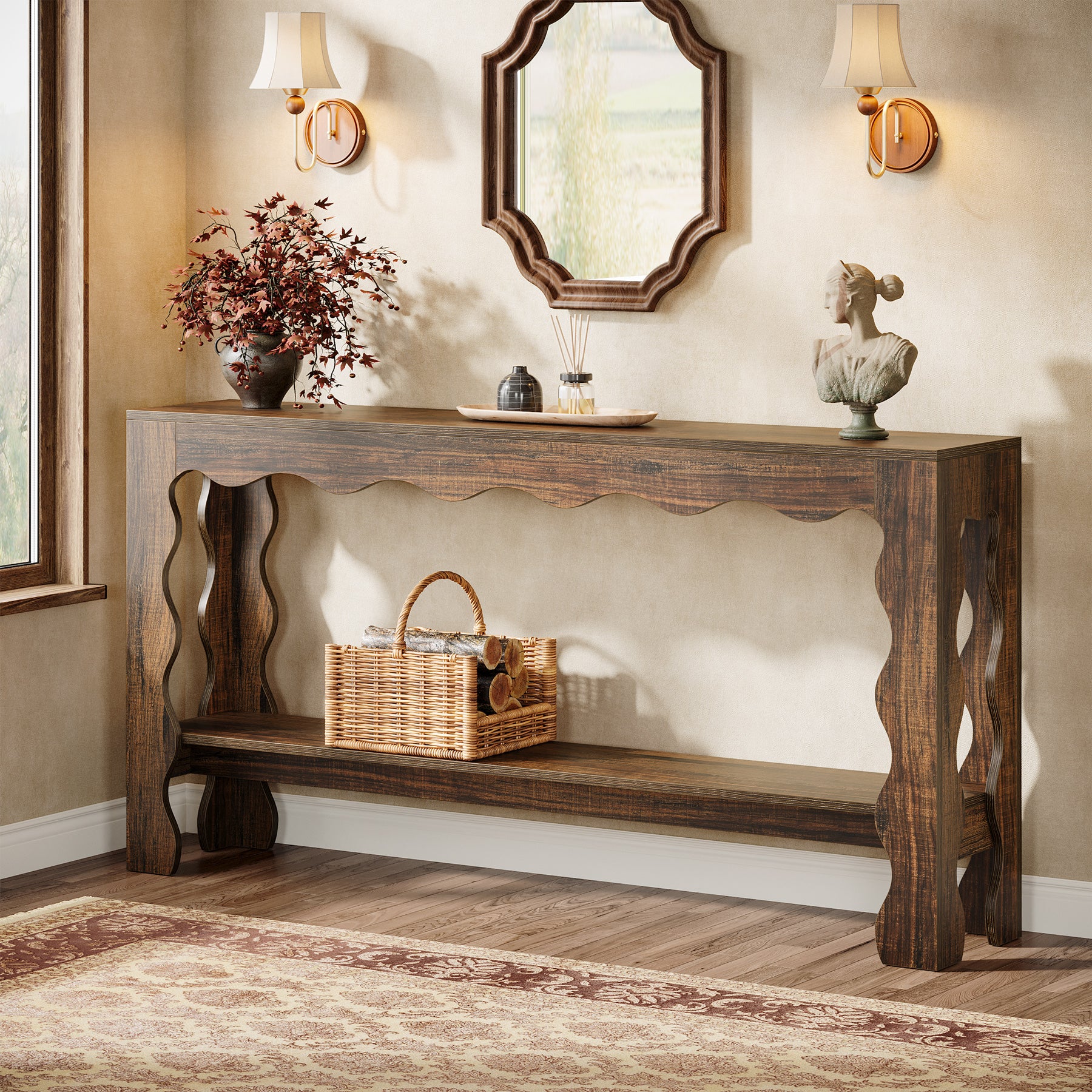 63" Console Table, 2-Tier Narrow Sofa Table with Storage and Scalloped Curves