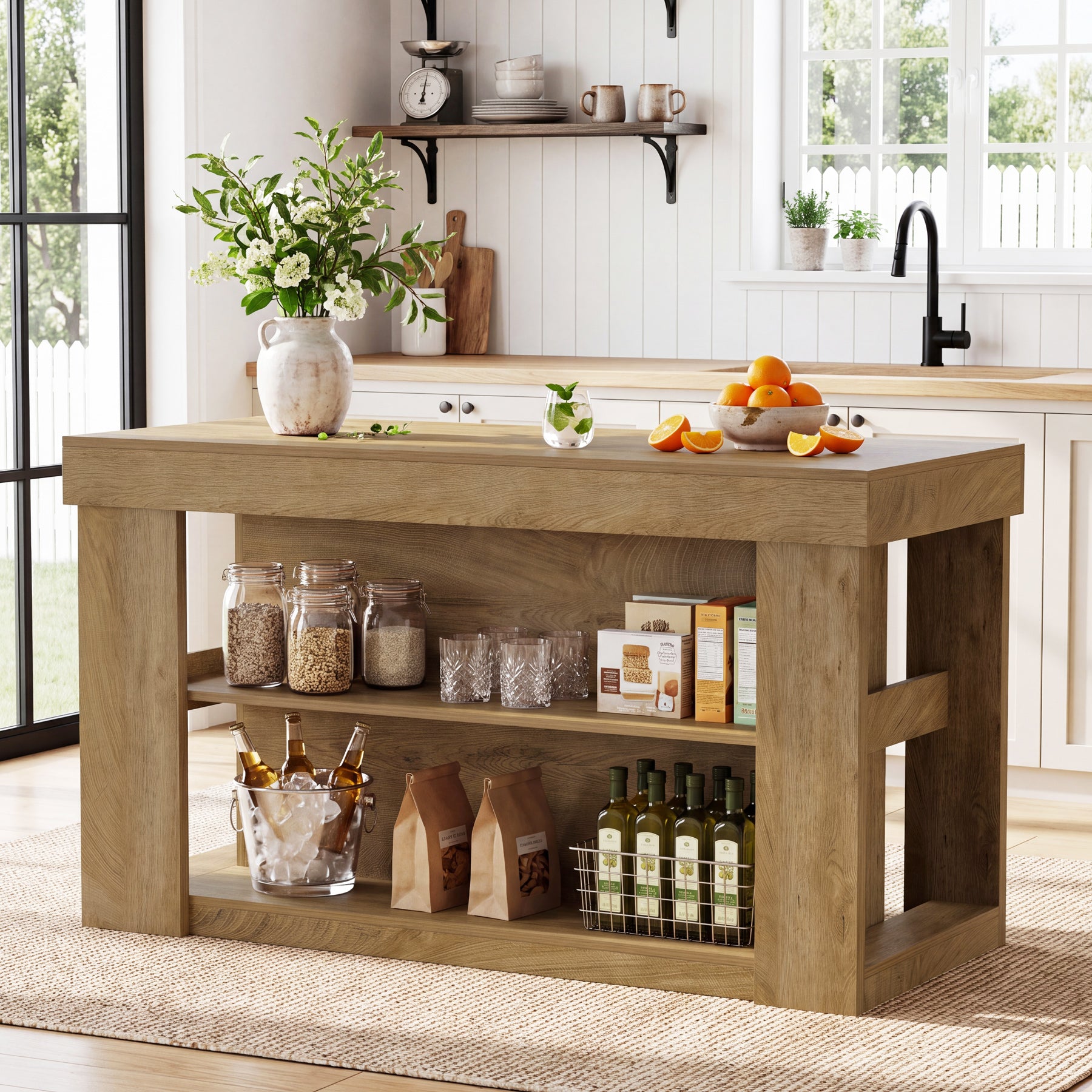 Tribesigns 55-Inch Kitchen Island with 2 Storage Shelves, Farmhouse Island Table with Seating