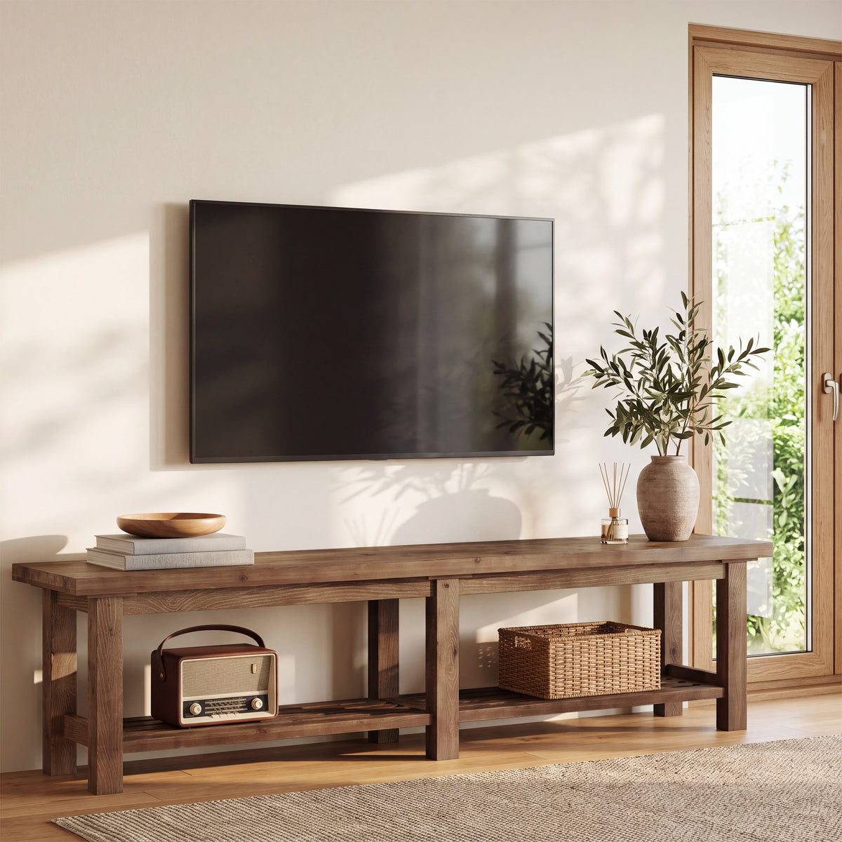 71" Solid Wood TV Stand for 80" TVs, 2-Tier Media Console for Living Room