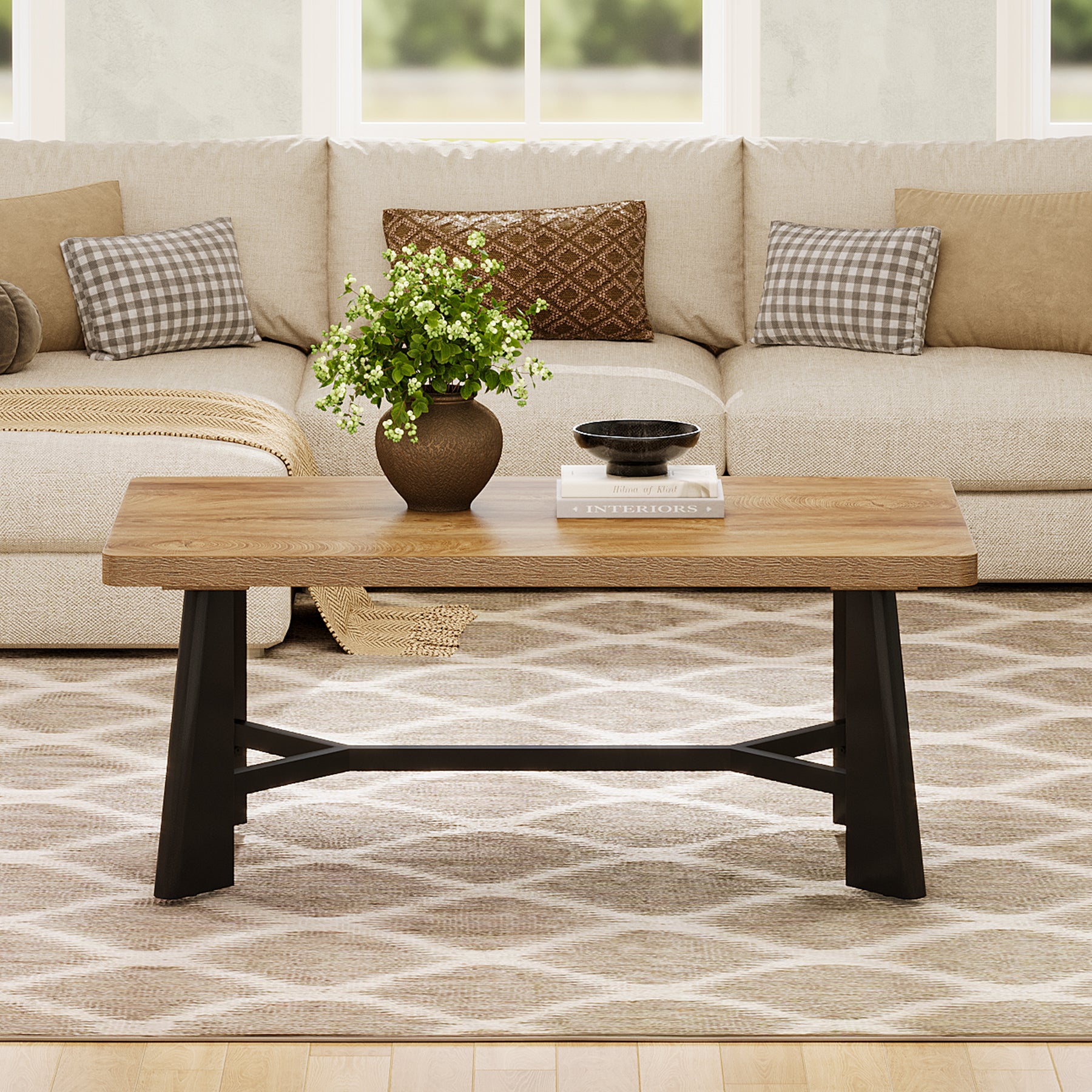 47.24" Rectangular Coffee Table, Farmhouse Industrial Center Table For Living Room