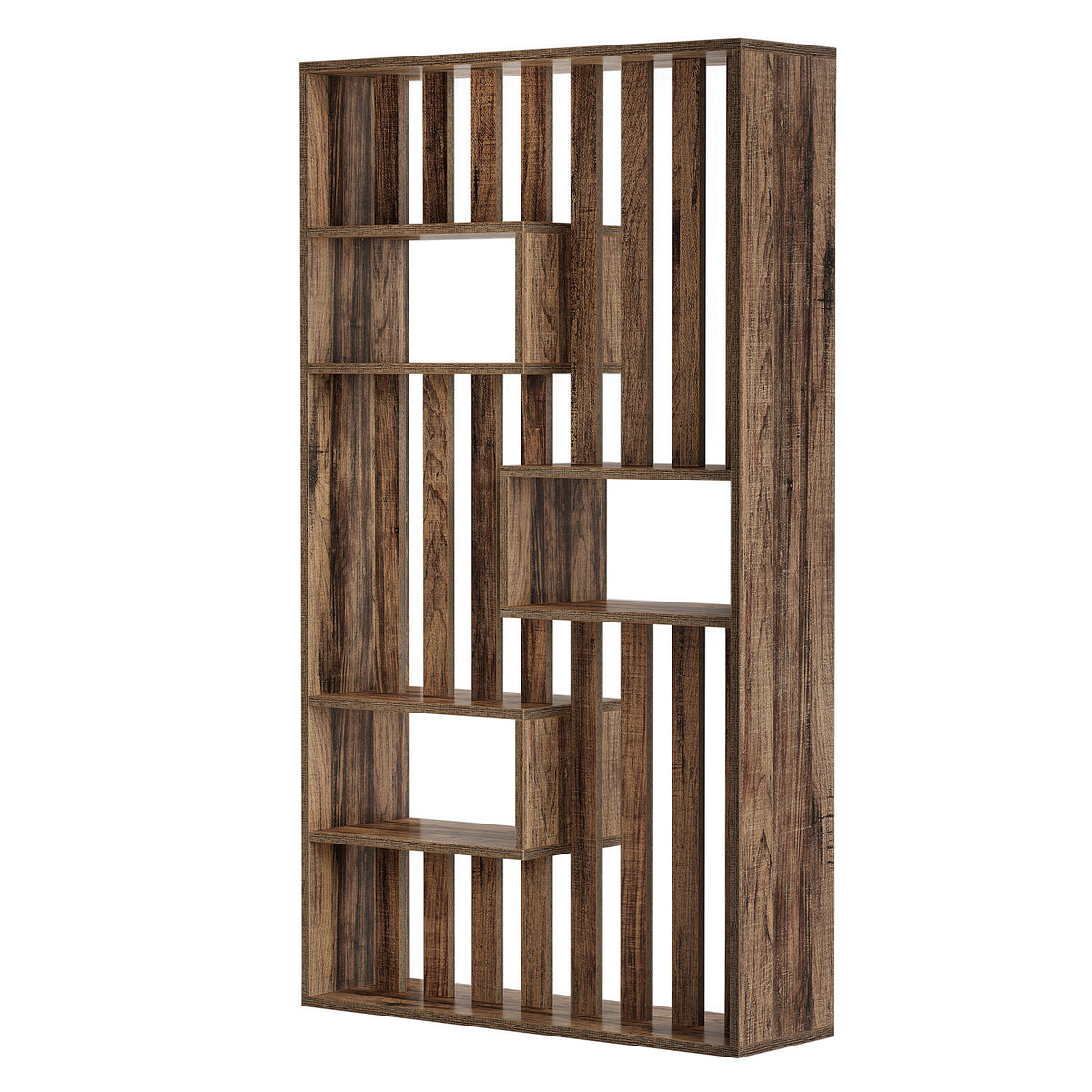 71" Wall Room Divider with Built-in Shelves for Room Separation, Freestanding Slatted Partition