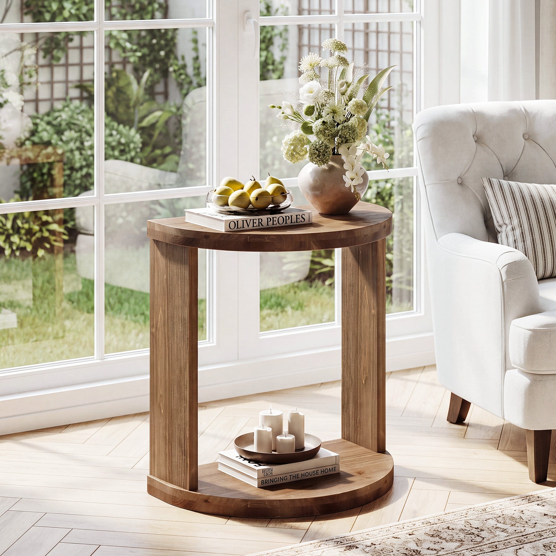 Half Moon End Table with Storage Shelf, Solid Wood Farmhouse Side Table, 2-Tier Shelves, Living Room & Bedroom