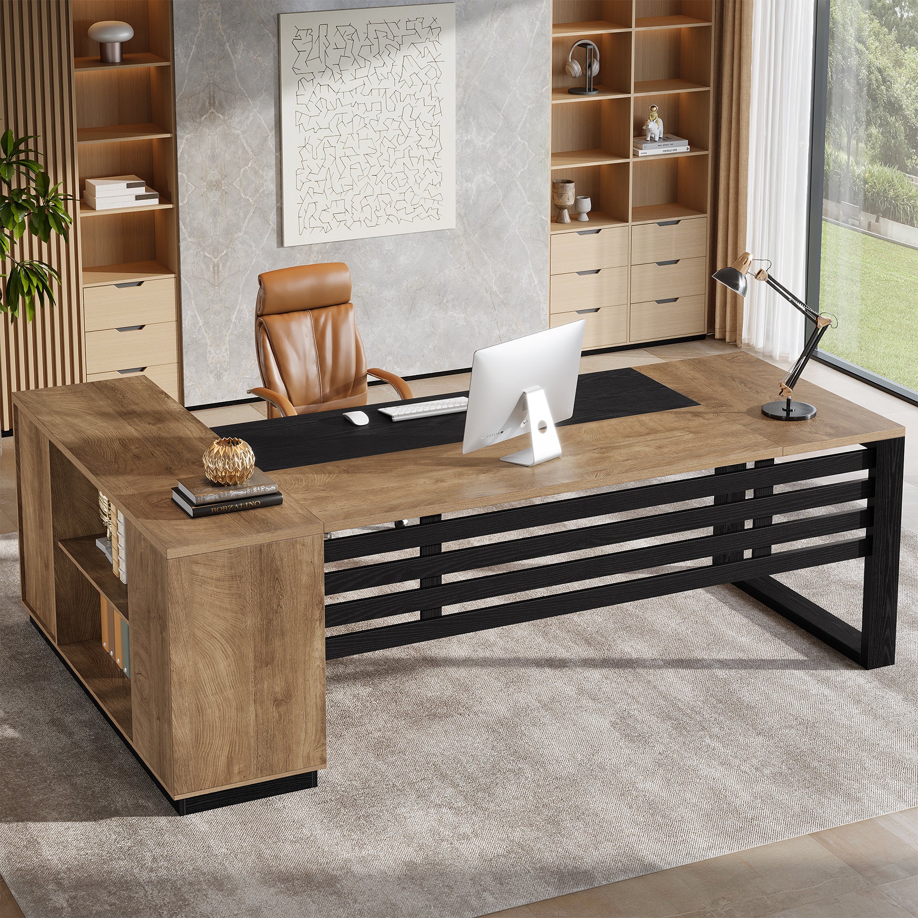 78" L-Shaped Executive Desk, Modern Office Desk with Cabinet Storage & Shelves