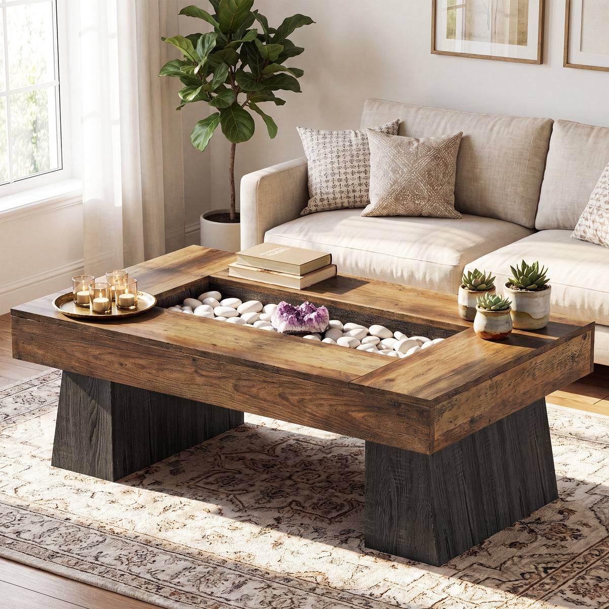 47.24 Inch Coffee Table with Recessed Storage Center, Rustic Modern Living Room Center Table