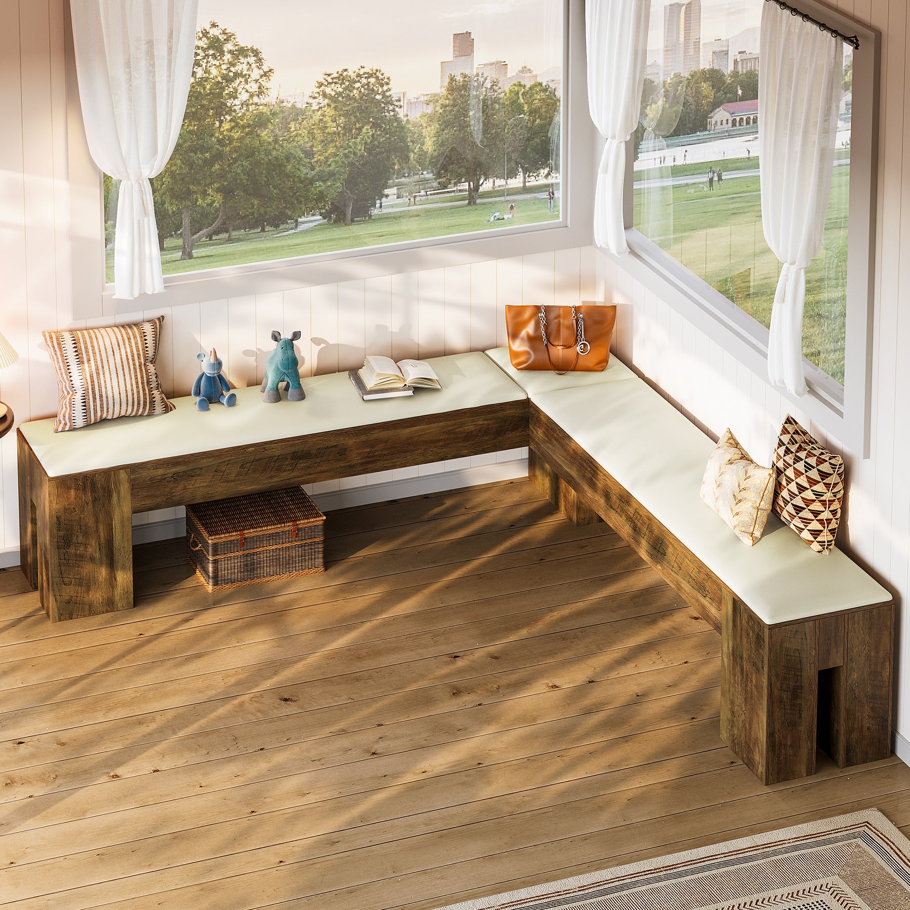 L-Shaped Bench, 61" Entryway Shoe Bench with Padded Seat Cushion