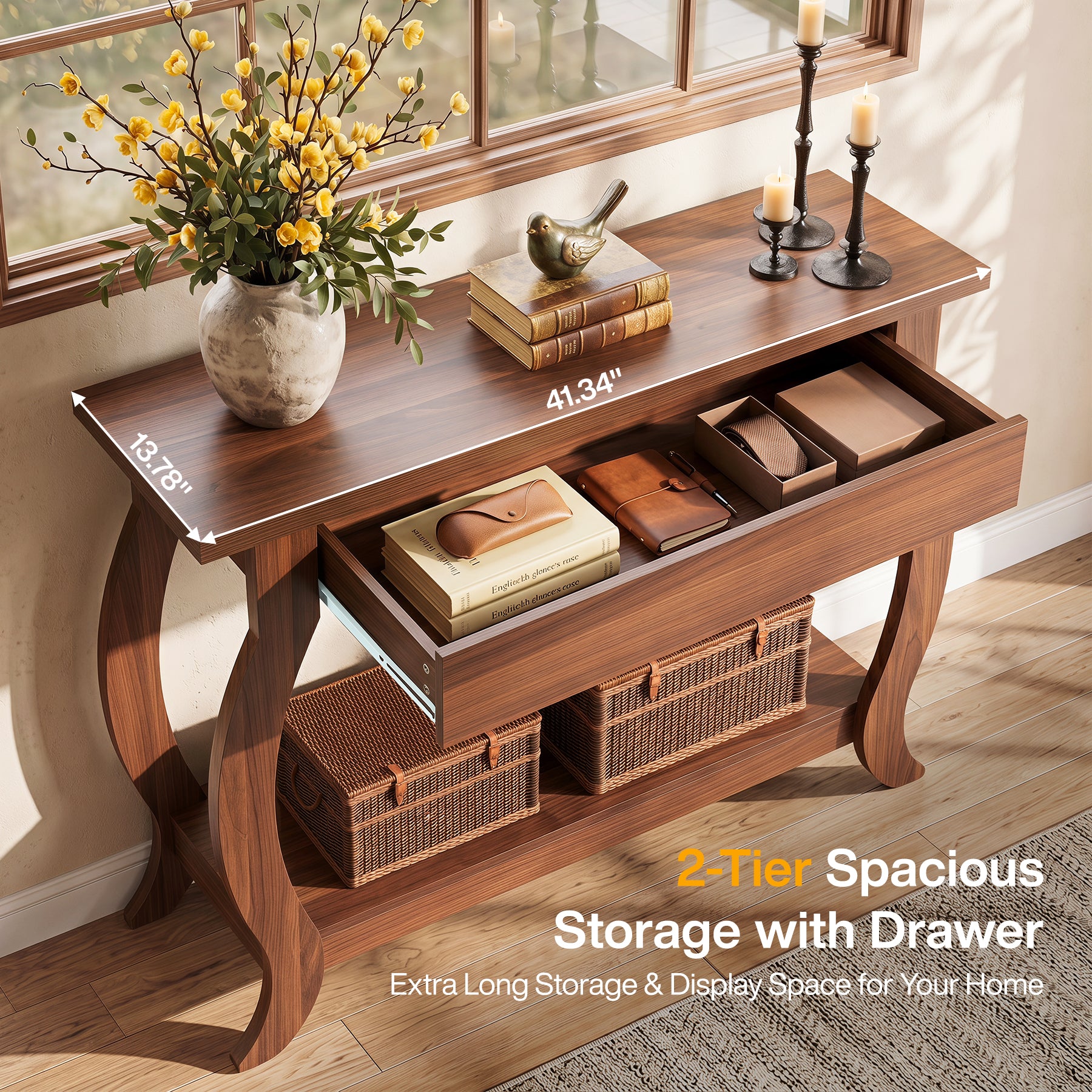 41.3" Console Table with Curved Legs, Farmhouse Sofa Table with Drawer and Shelf
