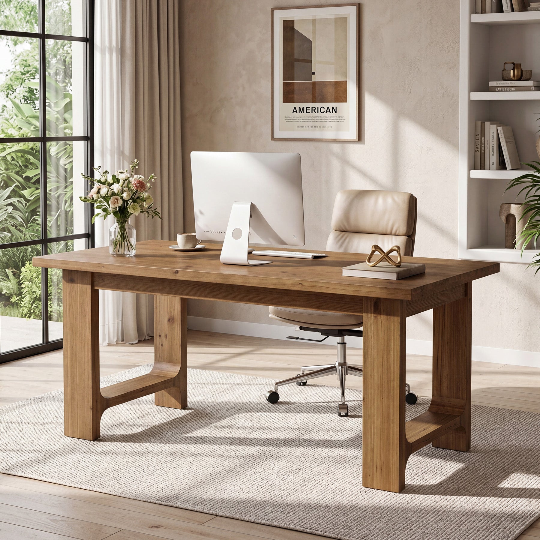 Tribesigns 63-Inch Solid Wood Executive Desk with U-Shaped Legs, Rustic Office Desk for Home Office