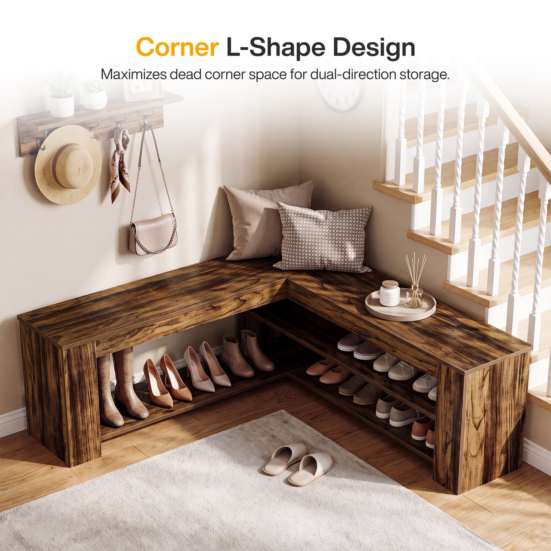 47" L-Shaped Corner Shoe Bench with Storage, Entryway Bench with Open Shelves for Boots & Shoes