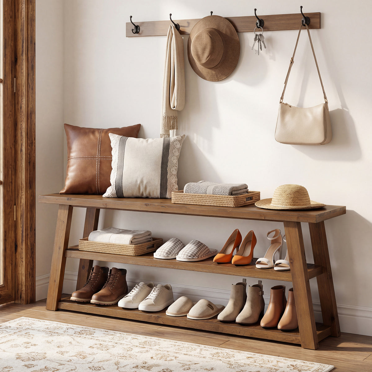 63" Solid Wood Entryway Bench with Storage, 3-Tier Shoe Bench with Open Shelves