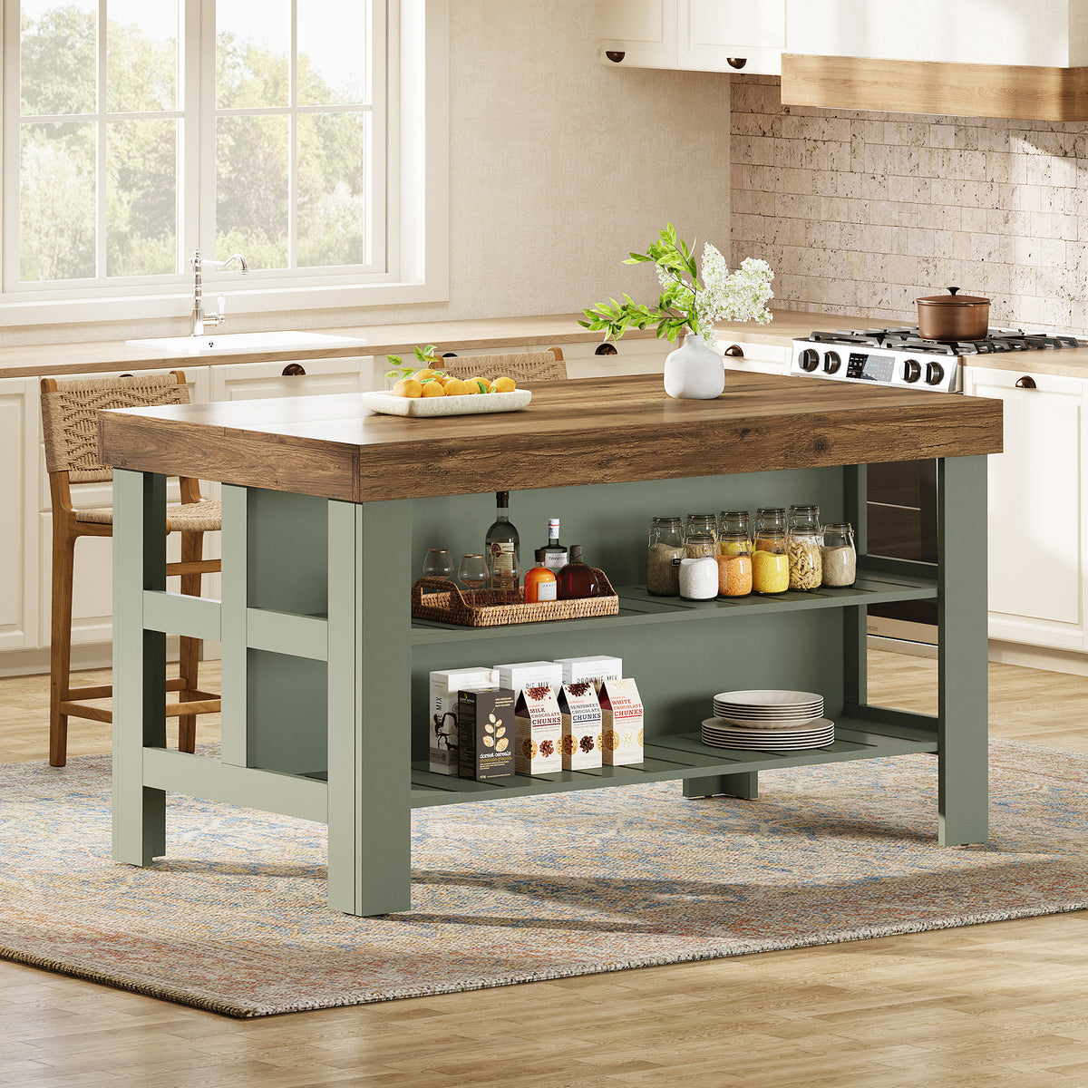 55" Kitchen Island, Breakfast Counter with Seating and Storage Shelves