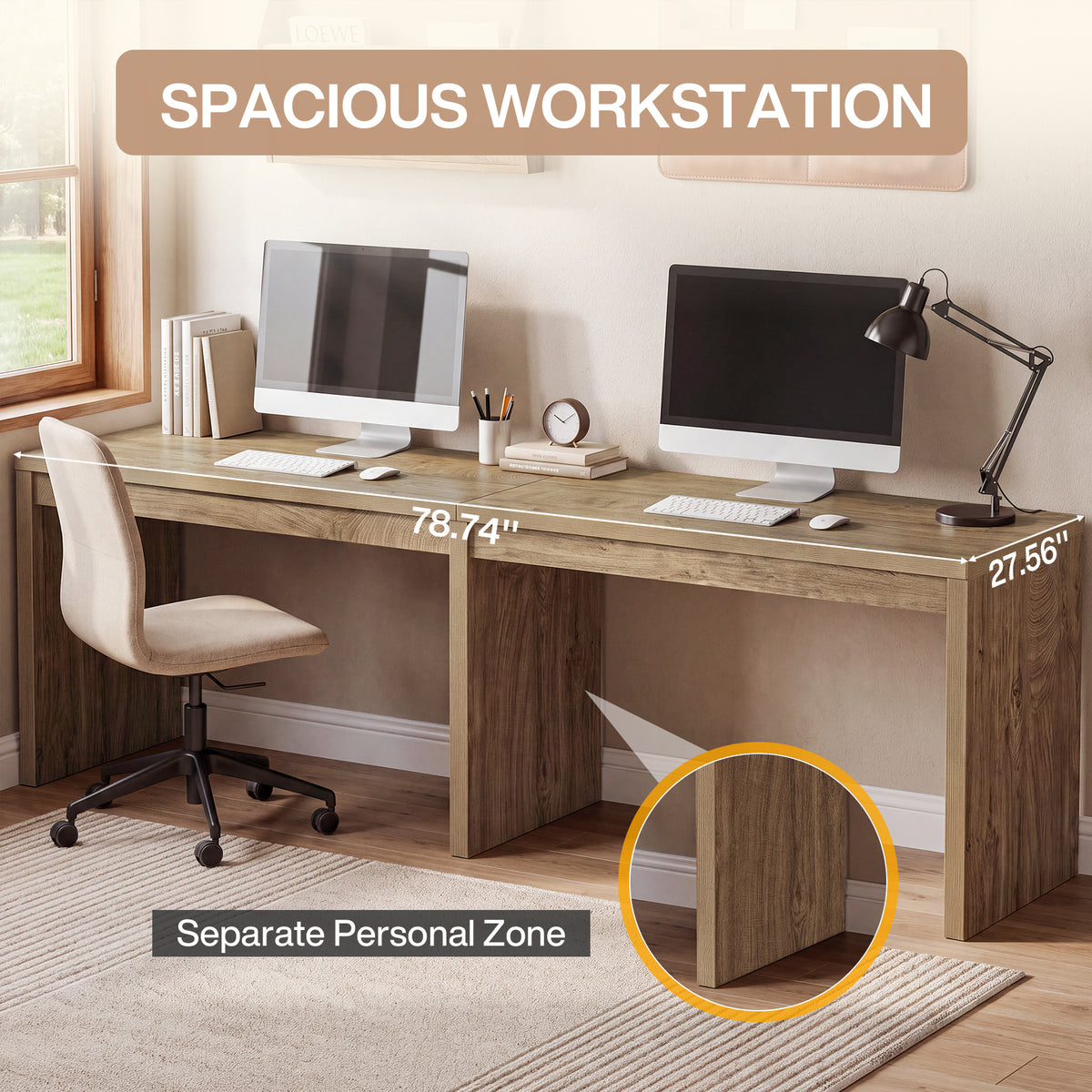78.7" Two-Person Computer Desk, Extra-Long Double Writing Table for Home Office