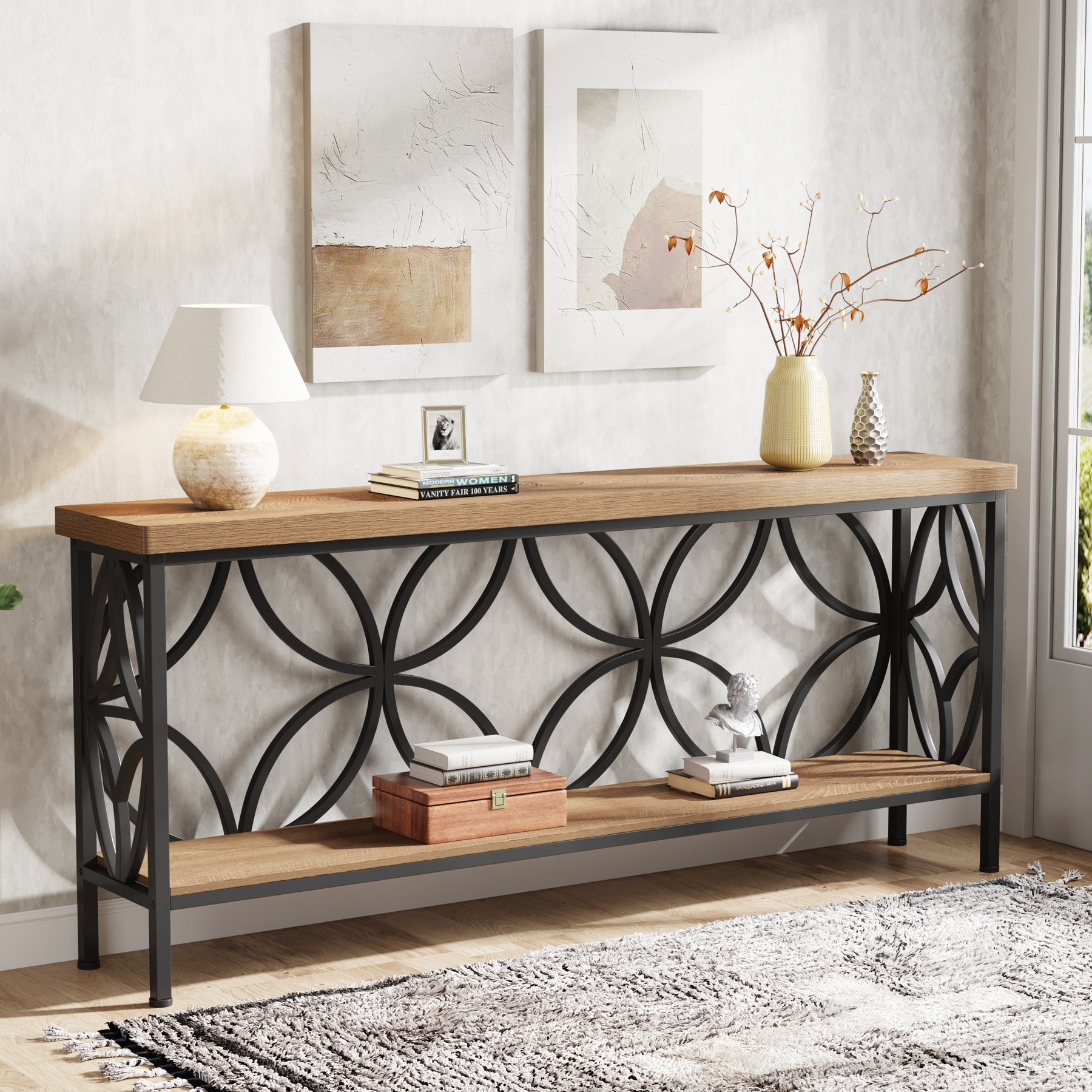 70.9" Sofa Table, 2-Tier Industrial Console Table Behind Couch