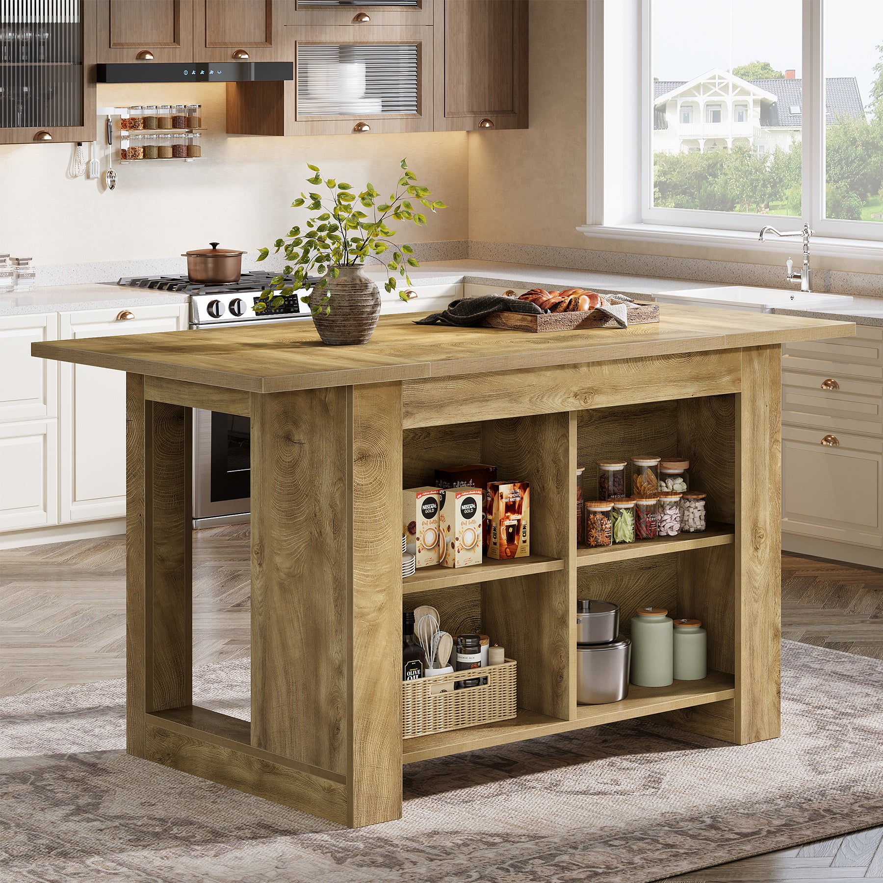 63" Kitchen Island, Farmhouse Counter Height Bar Table with Storage