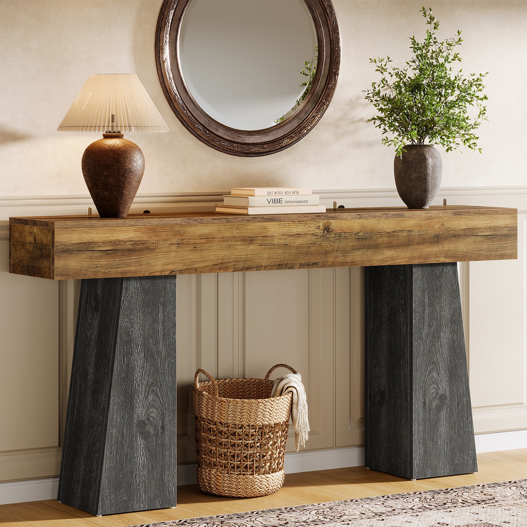 63" Console Table, Farmhouse Sofa Entryway Table with Double Trapezoid Bases