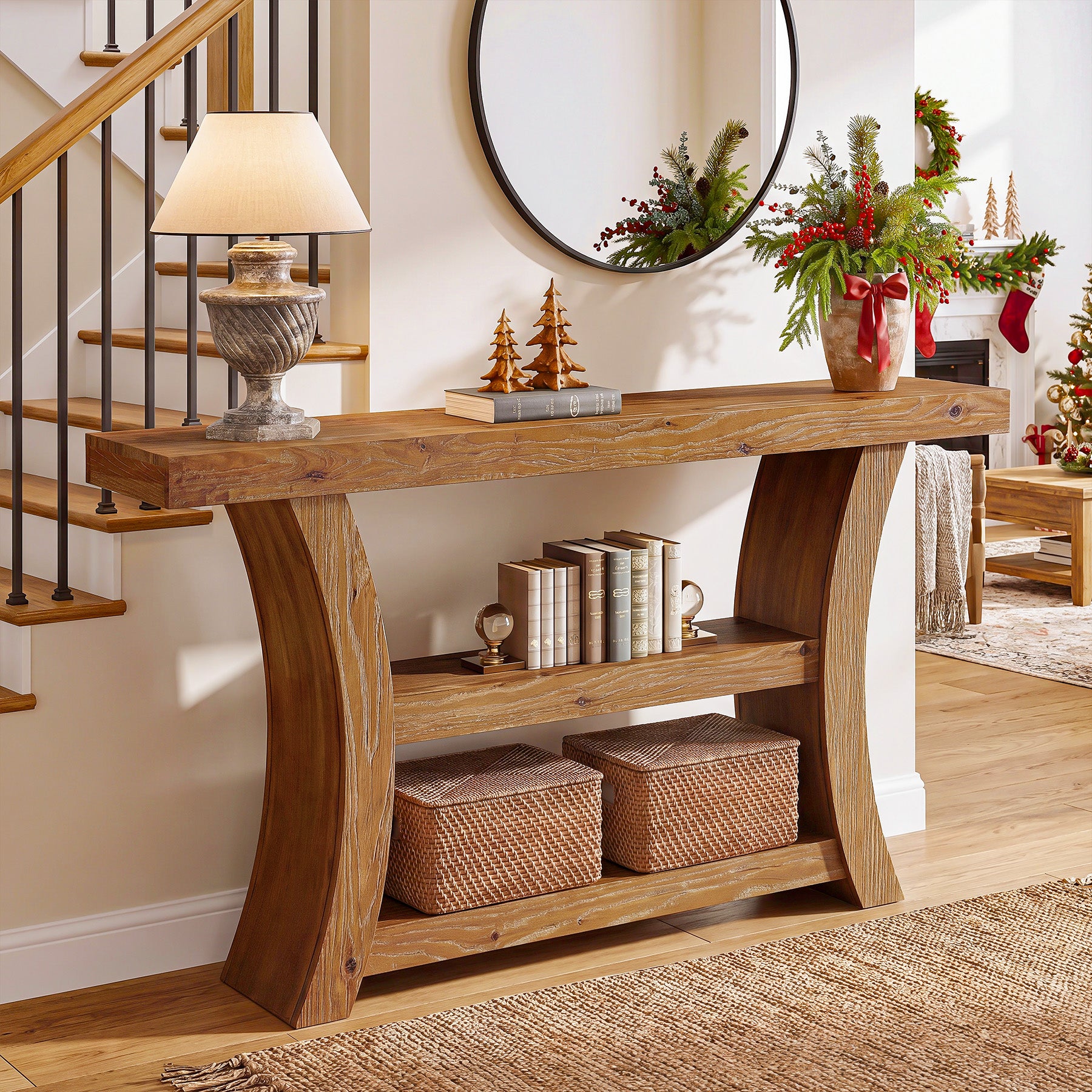 55" Solid Wood Console Table, 3-Tier Entryway Sofa Table with Open Shelves for Entrance