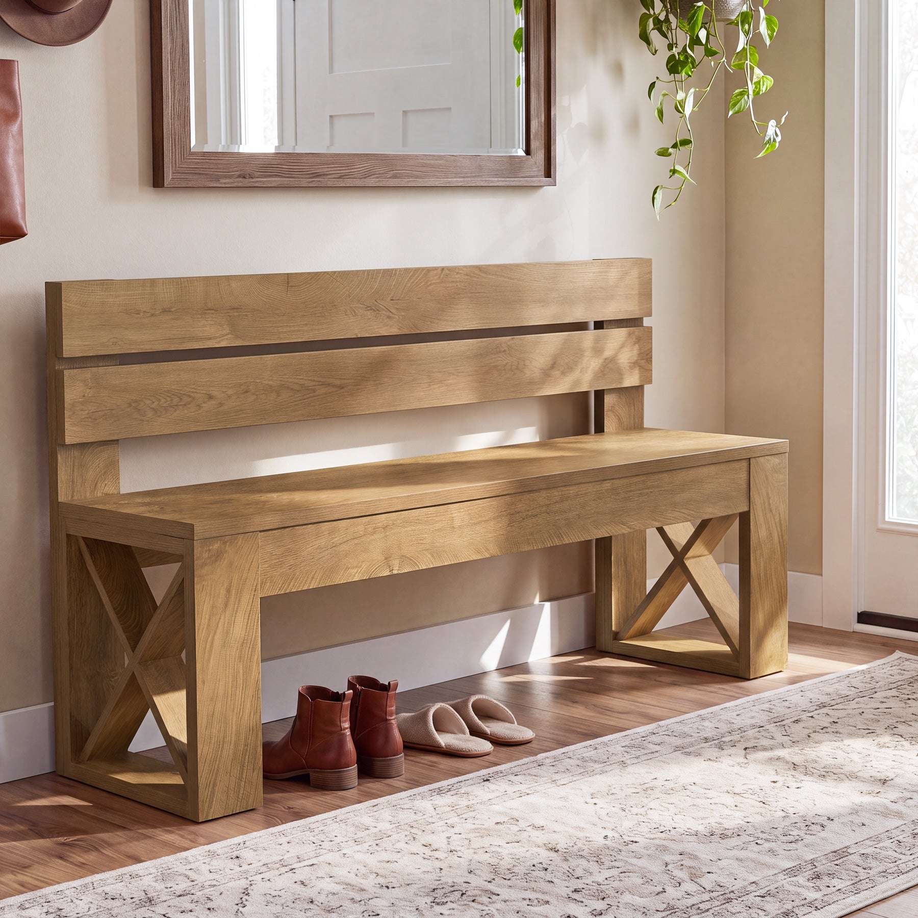 47" Entryway Bench with Back, Farmhouse Shoe Bench with X-Brace, Bedroom & Hallway