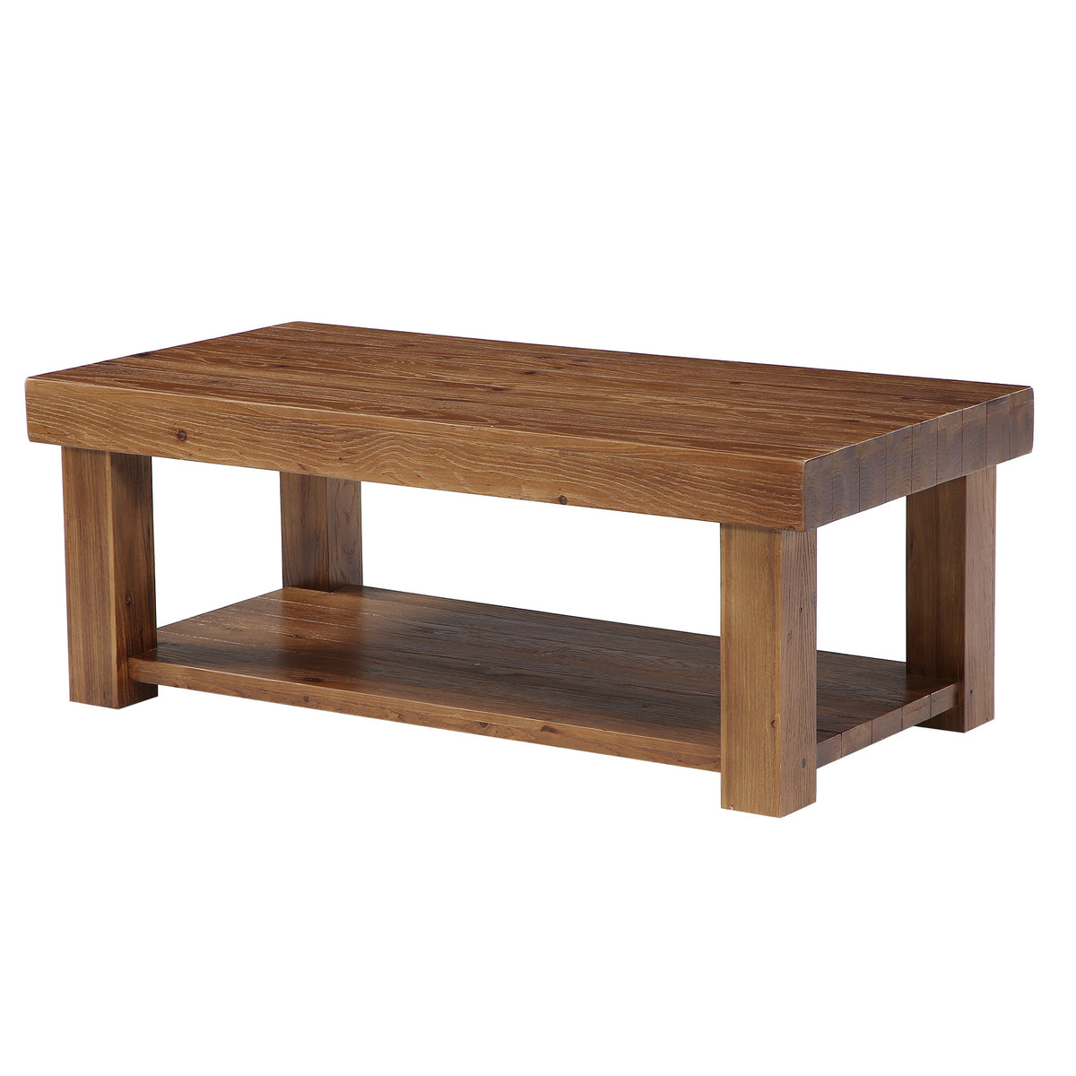 55" Modern Farmhouse Solid Wood Coffee Table, Rectangular with 2-Tier Storage