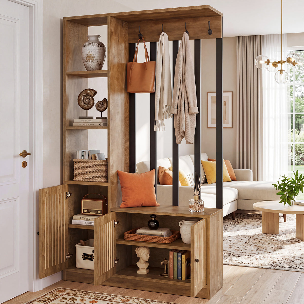 71" Room Divider, Freestanding Wall Partition with Cabinets, Shelves & Bench