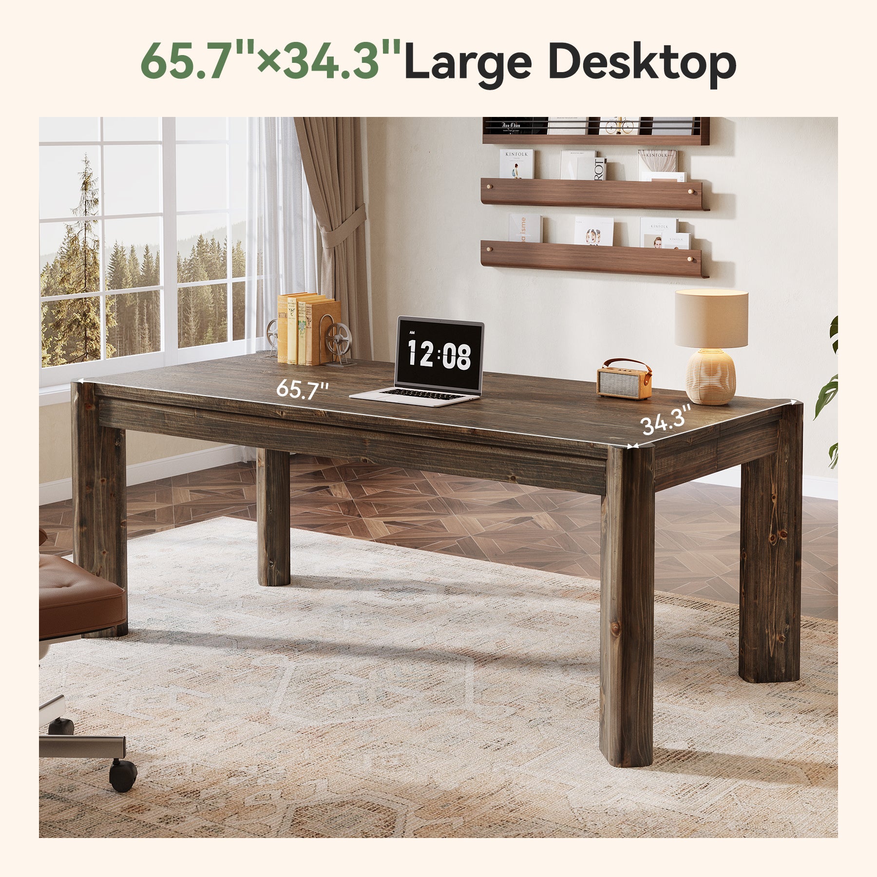 63" Farmhouse Executive Desk, Solid Wood Office Computer Desk