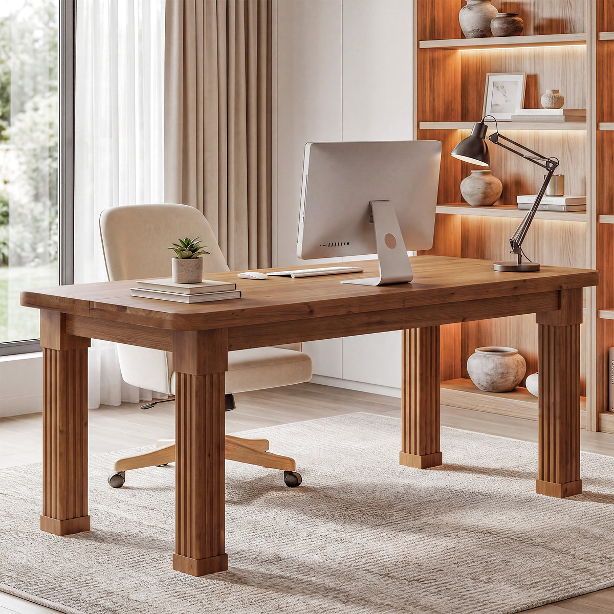 63" Farmhouse Solid Wood Executive Desk with Fluted Legs, Farmhouse Home Office Desk