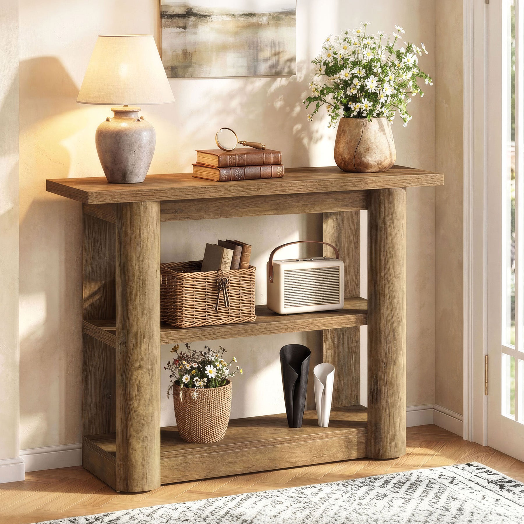 47" Narrow Console Table with Shelves, 3-Tier Entryway Sofa Table with Thick Frame for Hallway & Living Room