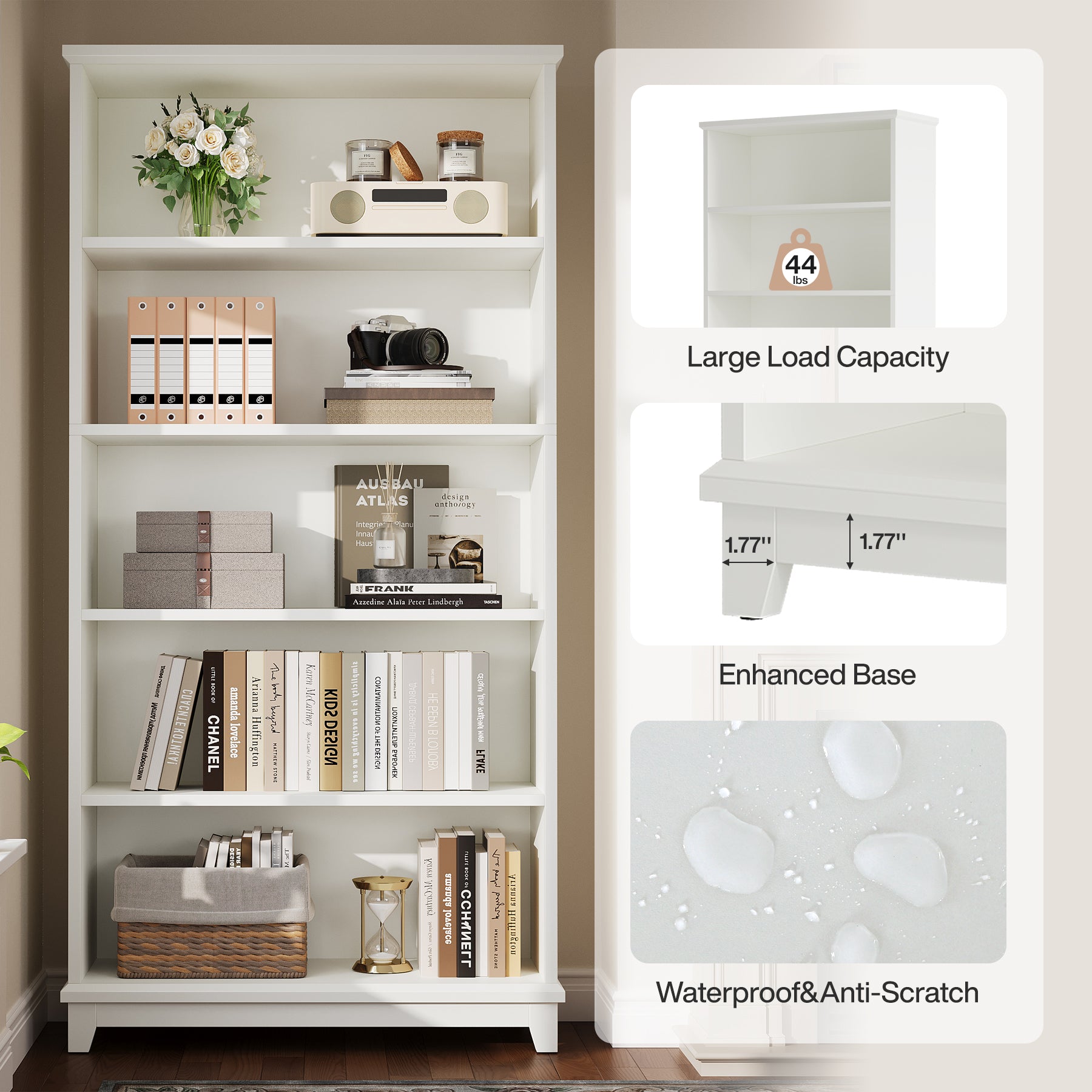 5-Tier Bookshelf, 70" Bookcase Open Display Shelf with Anti-tip Kits