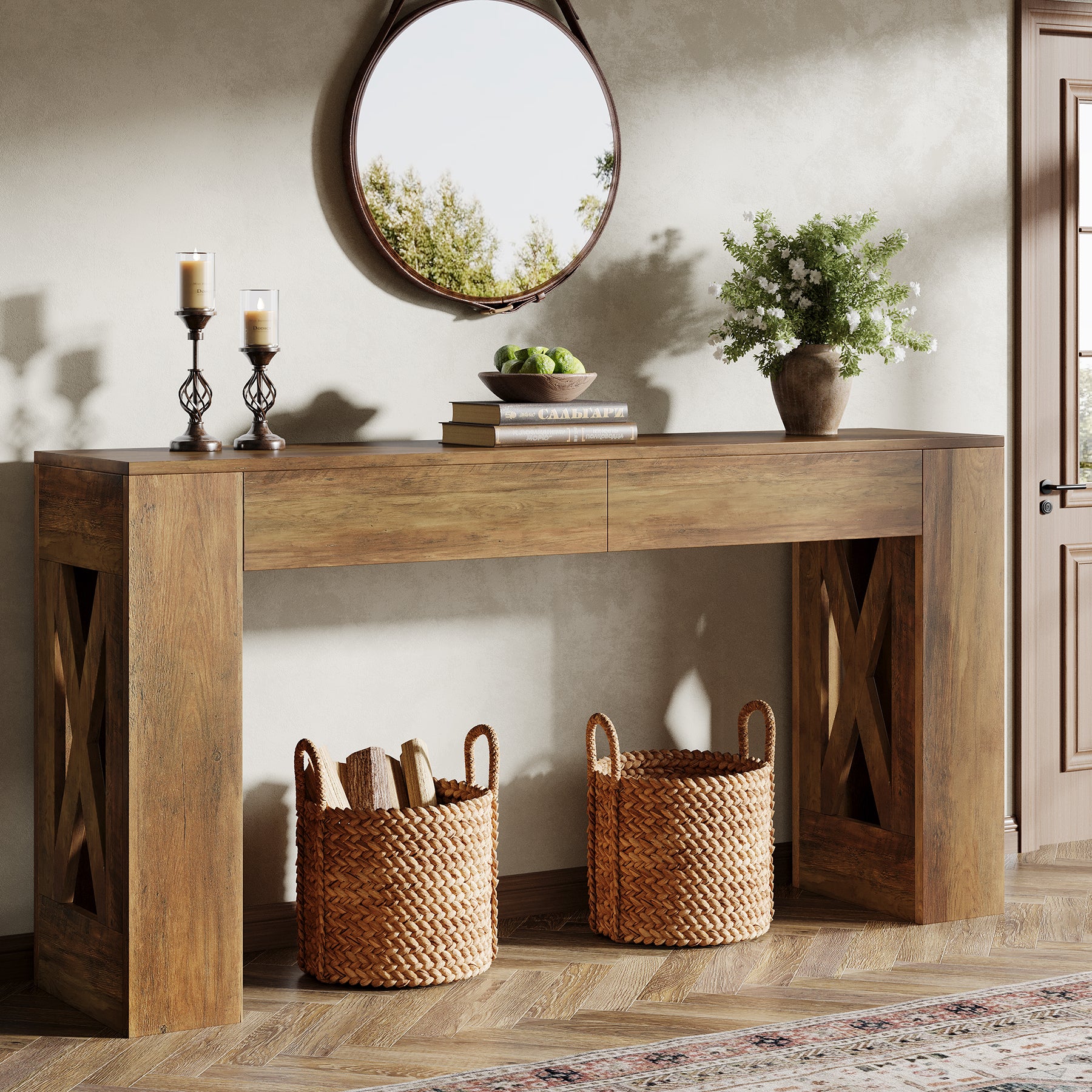 63" Console Table, Narrow Sofa Table with 2 Drawers and X-Shaped Legs