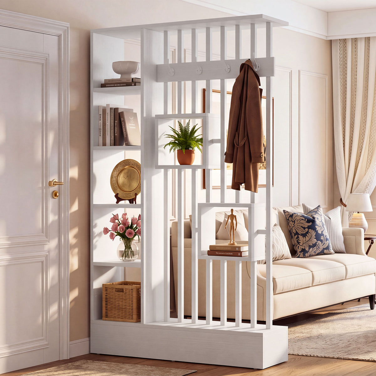 71" Room Divider with Shelves, Modern Wall Partition with Coat Hooks & Open Display Shelf
