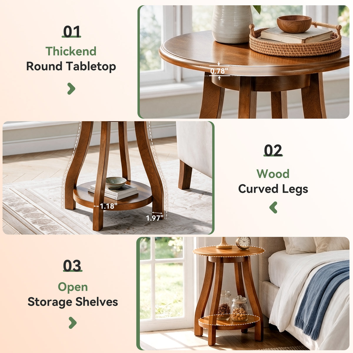 Solid Wood Round End Table, 2-Tier Small Side Table with Curved Legs for Living Room