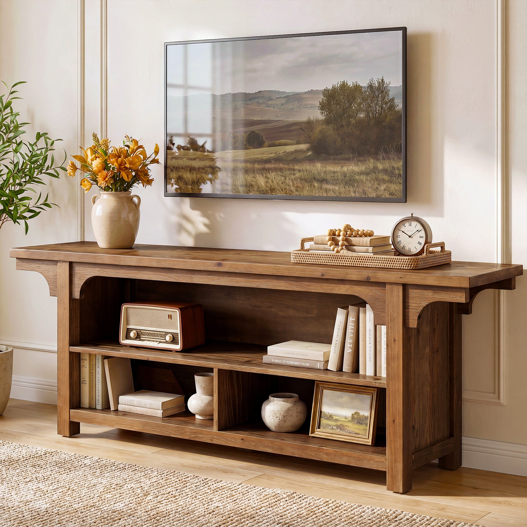 63" Solid Wood TV Stand for 55/65/70"TVs, Farmhouse Entertainment Center with 3 Storage