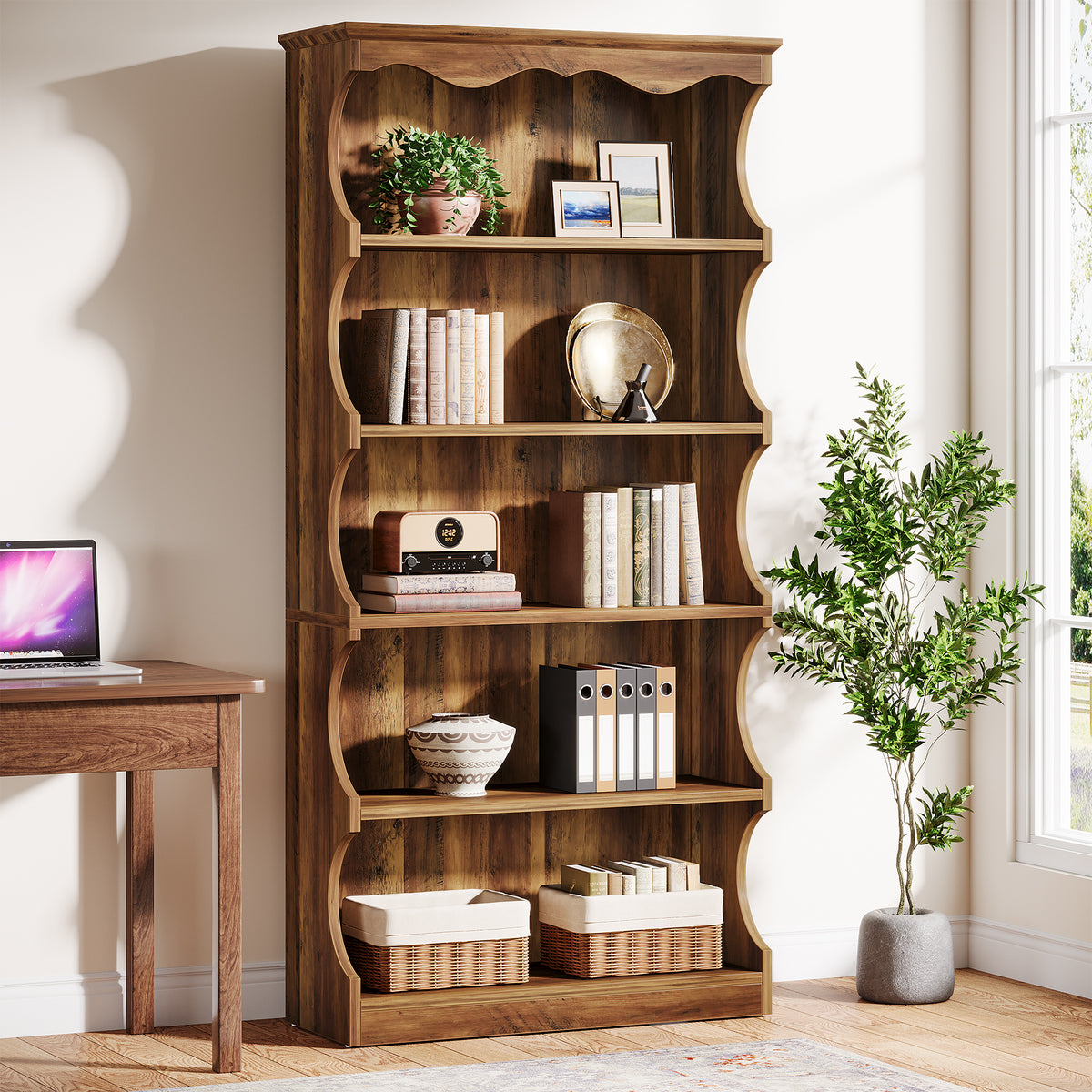 70" Vintage Bookcase, 5-Tier Bookshelf Display Shelves with Unique Curved-Edge Design