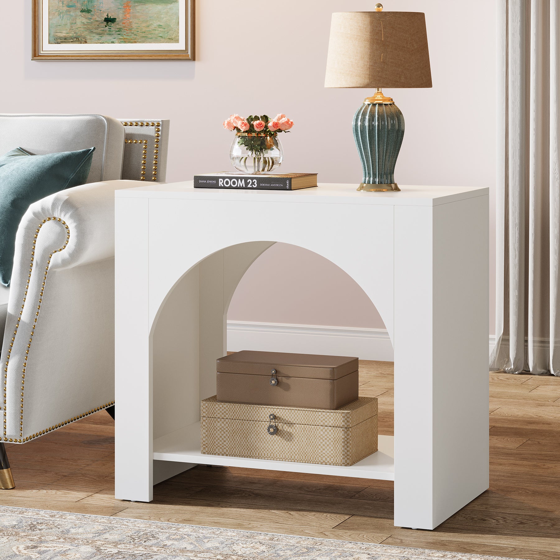 27" End Table, 2 Tier Square Side Table with Storage Shelf