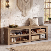 71" Extra Long Entryway Bench with Shoe Storage, Farmhouse 2-Tier Slatted Shoe Rack 3