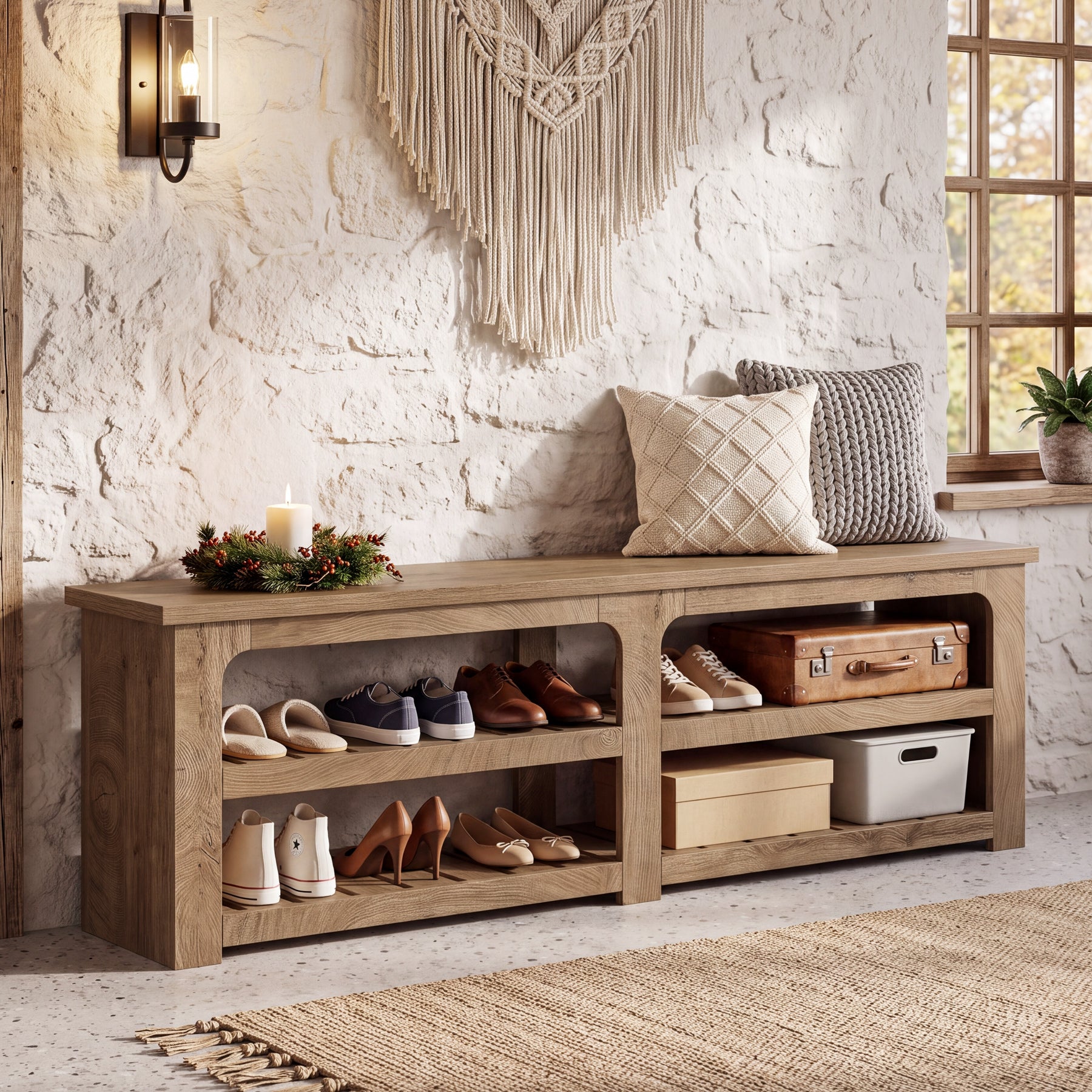 71" Extra Long Entryway Bench with Shoe Storage, Farmhouse 2-Tier Slatted Shoe Rack