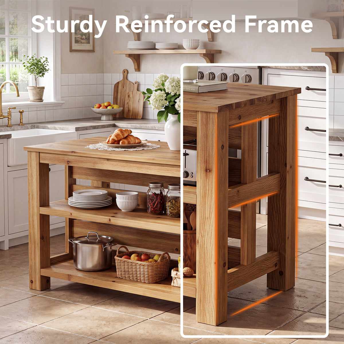 63" Farmhouse Solid Wood Kitchen Island with 3-Tier Open Storage Shelves, Prep Table