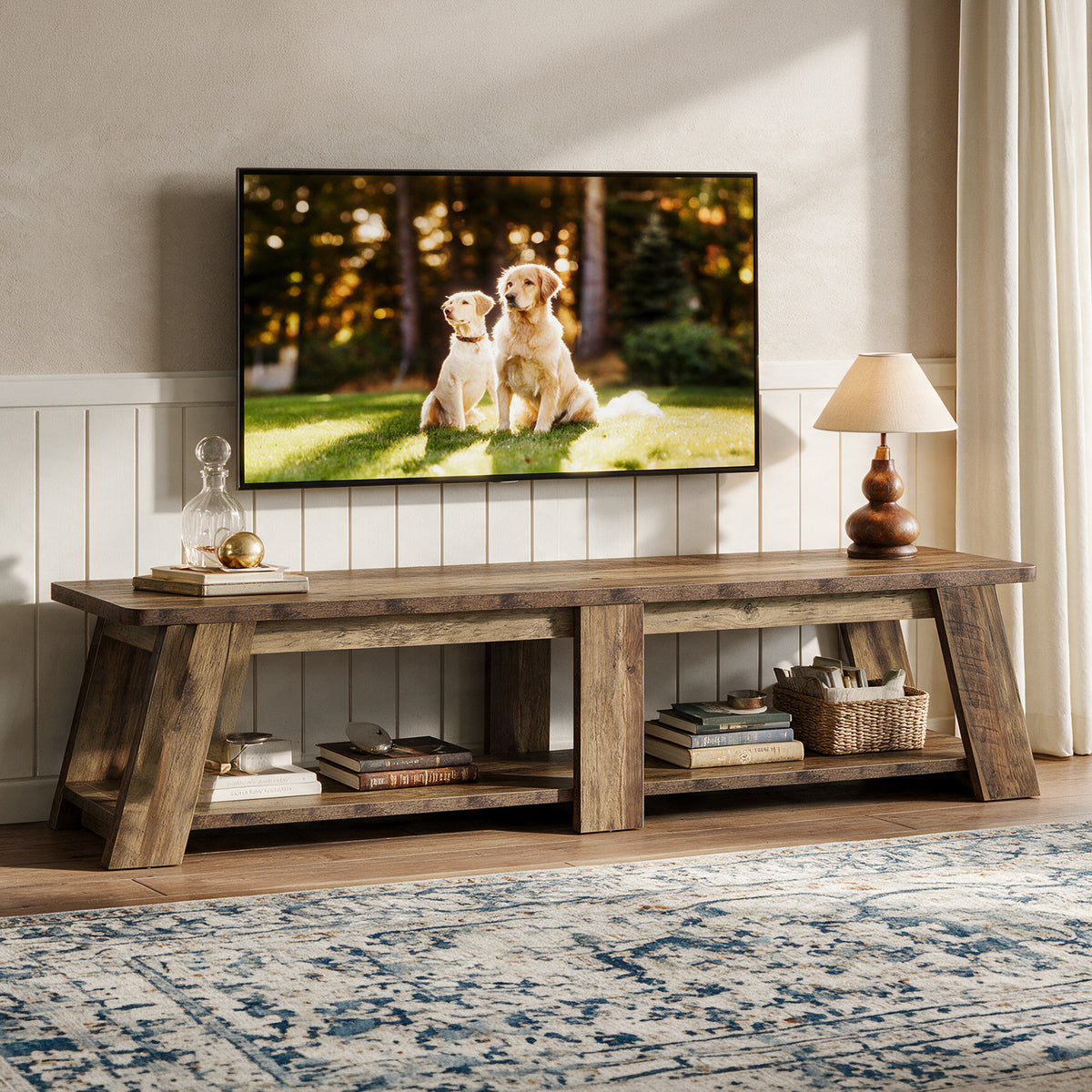 71" TV Stand for Up to 80" TVs, 2-Tier Entertainment Center with Trapezoid-Style Frame for Living Room