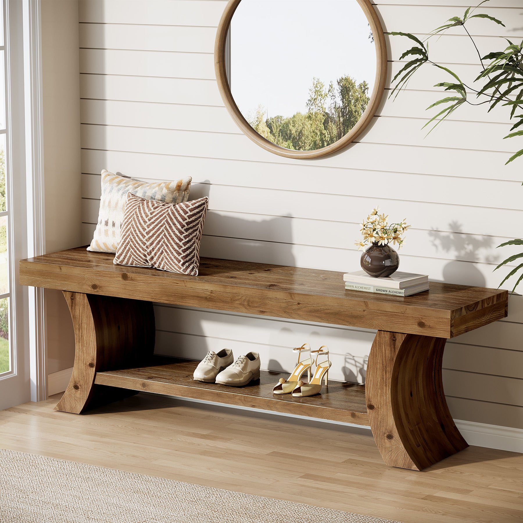 55" Solid Wood Dining Bench with Storage Shelf, Farmhouse Kitchen & Dining Table Bench Seating