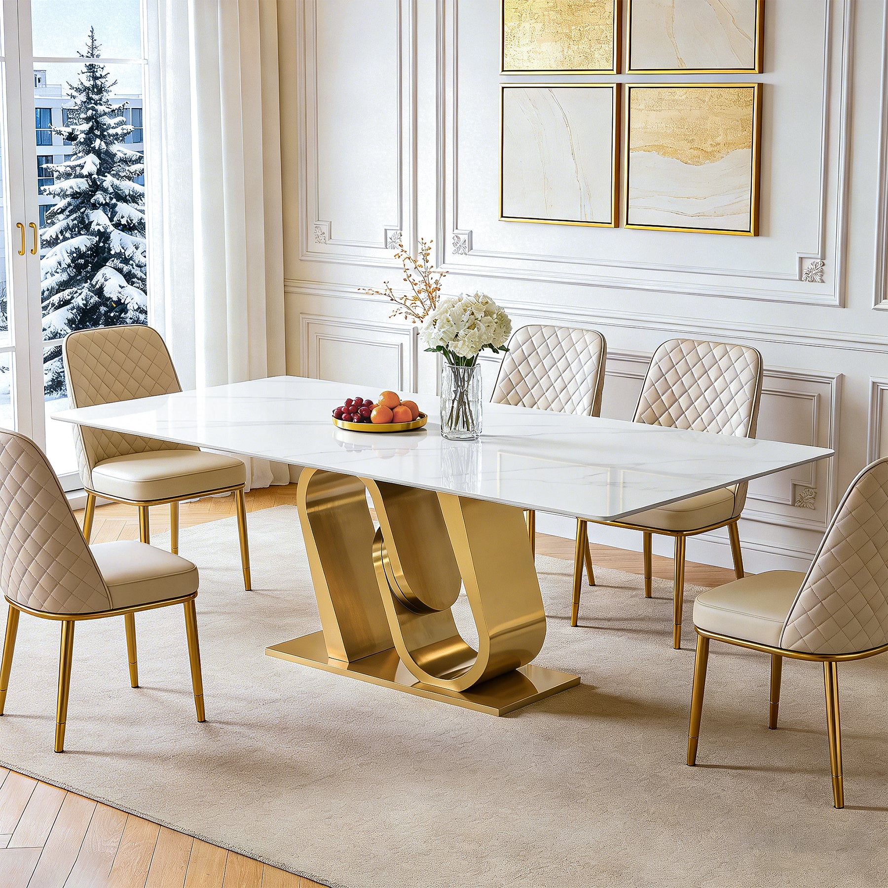 78.7" Sintered Stone Dining Table, Luxury Rectangular Kitchen Table for 8-10