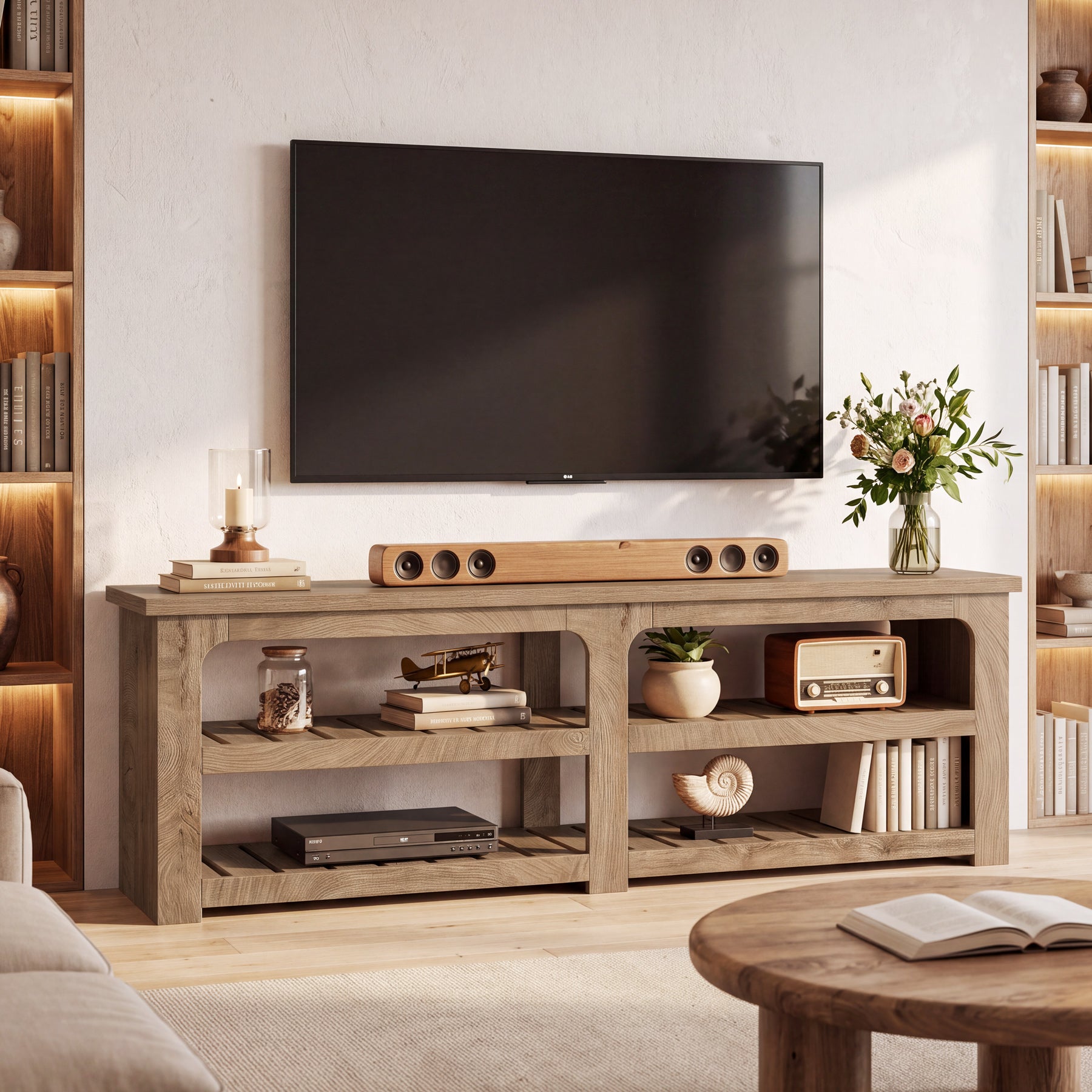 71" TV Stand for 75" TV, Farmhouse 2-Tier Entertainment Center, Storage Shelves, Living Room