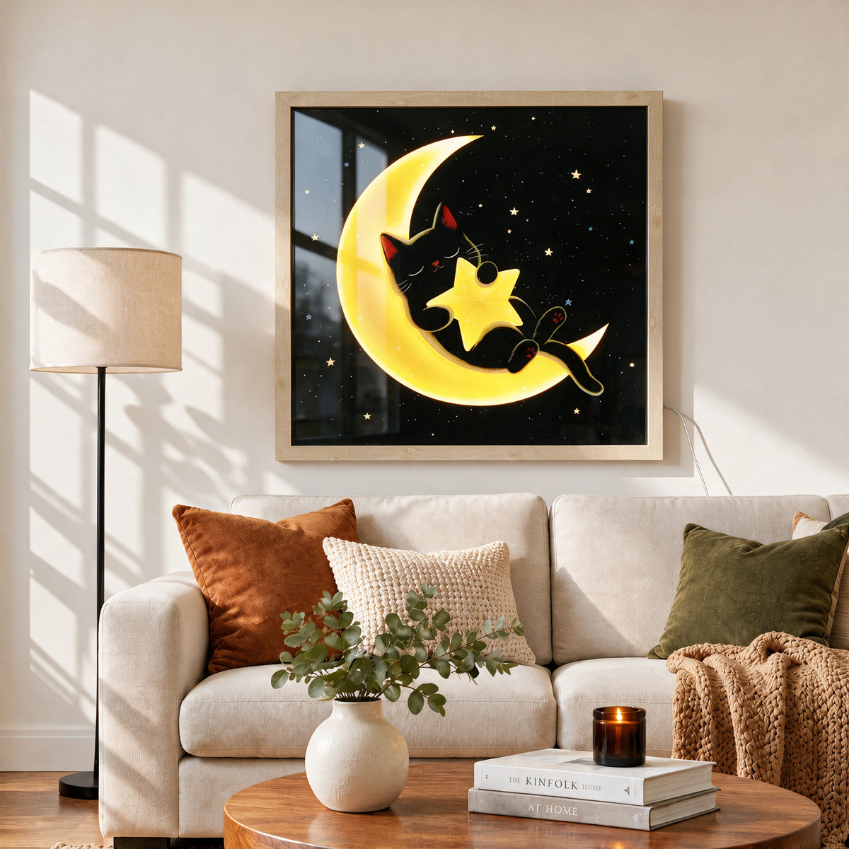 Lighted Framed Wall Art 24"x24" Moon Star Cat Wall Art Remote Control Color Changing LED Wall Decor