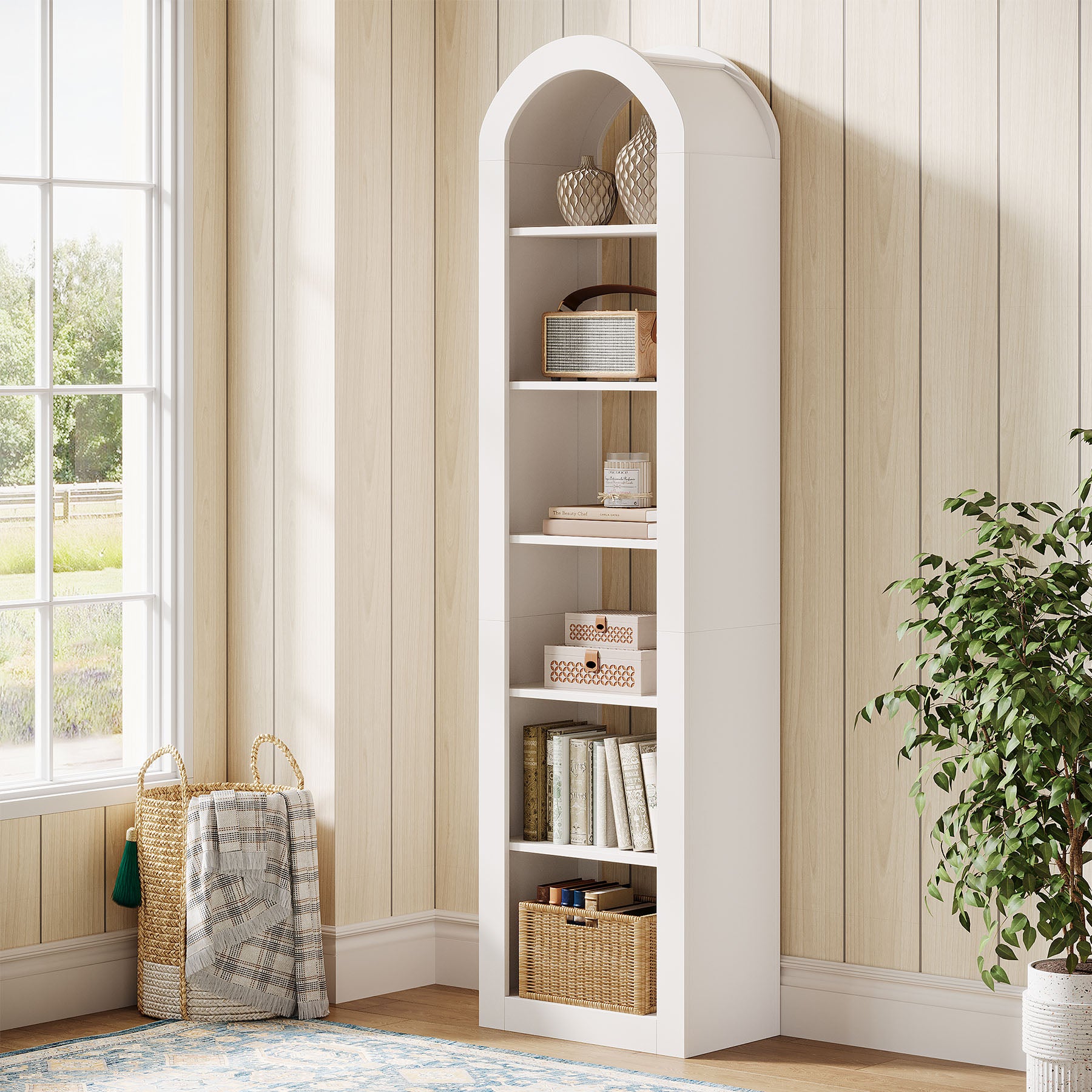 74.8" Arched Bookshelf, 6-Tier Narrow Open Bookcase Display Shelf