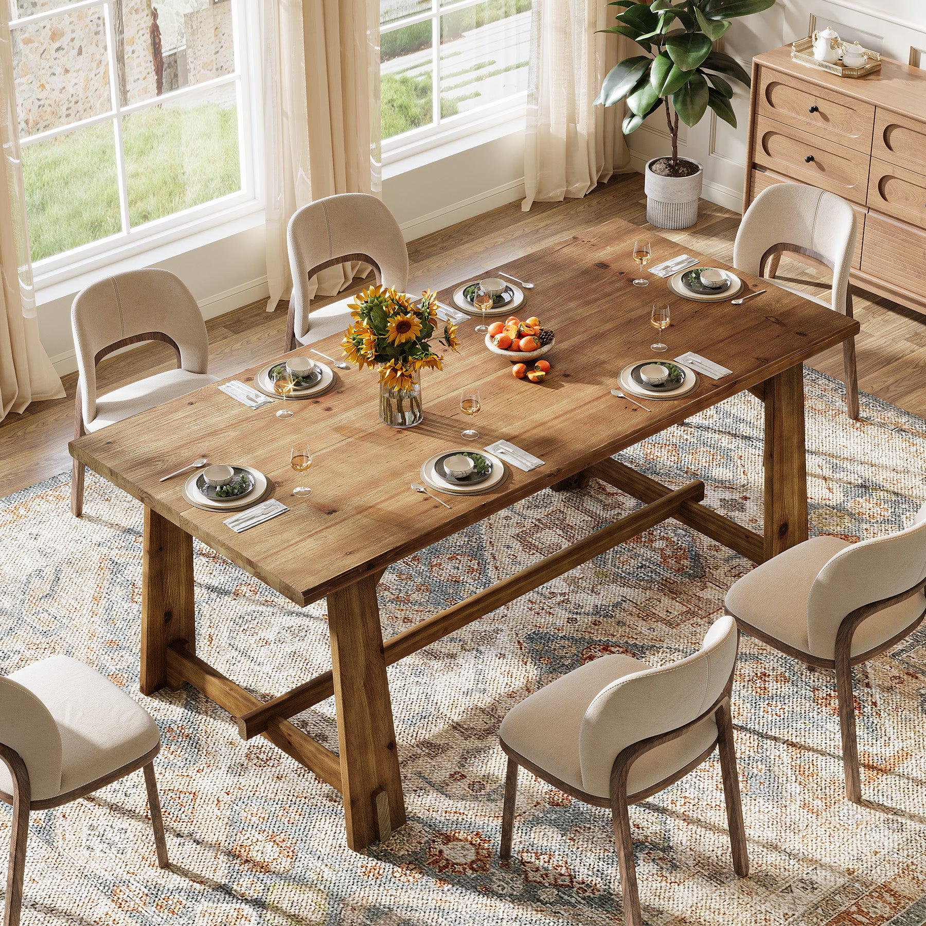 63" Solid Wood Dining Table for 4-6 People, Rustic Farmhouse Kitchen & Dining Room Table