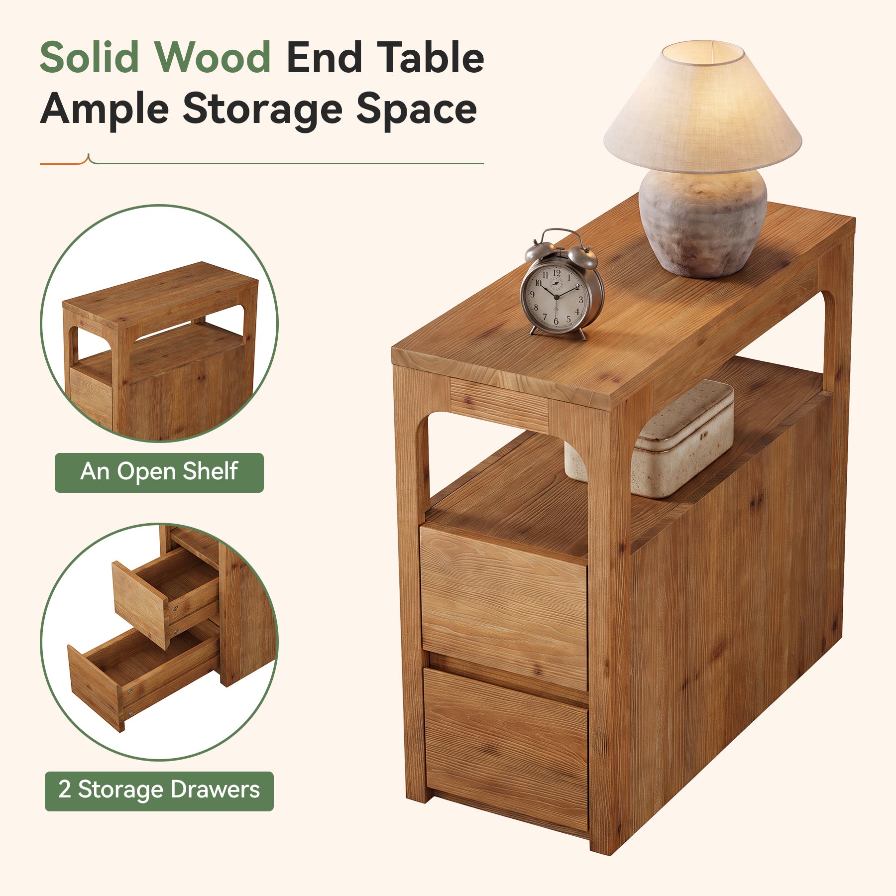 Narrow Solid Wood End Table, Farmhouse Side Table with 2 Drawers