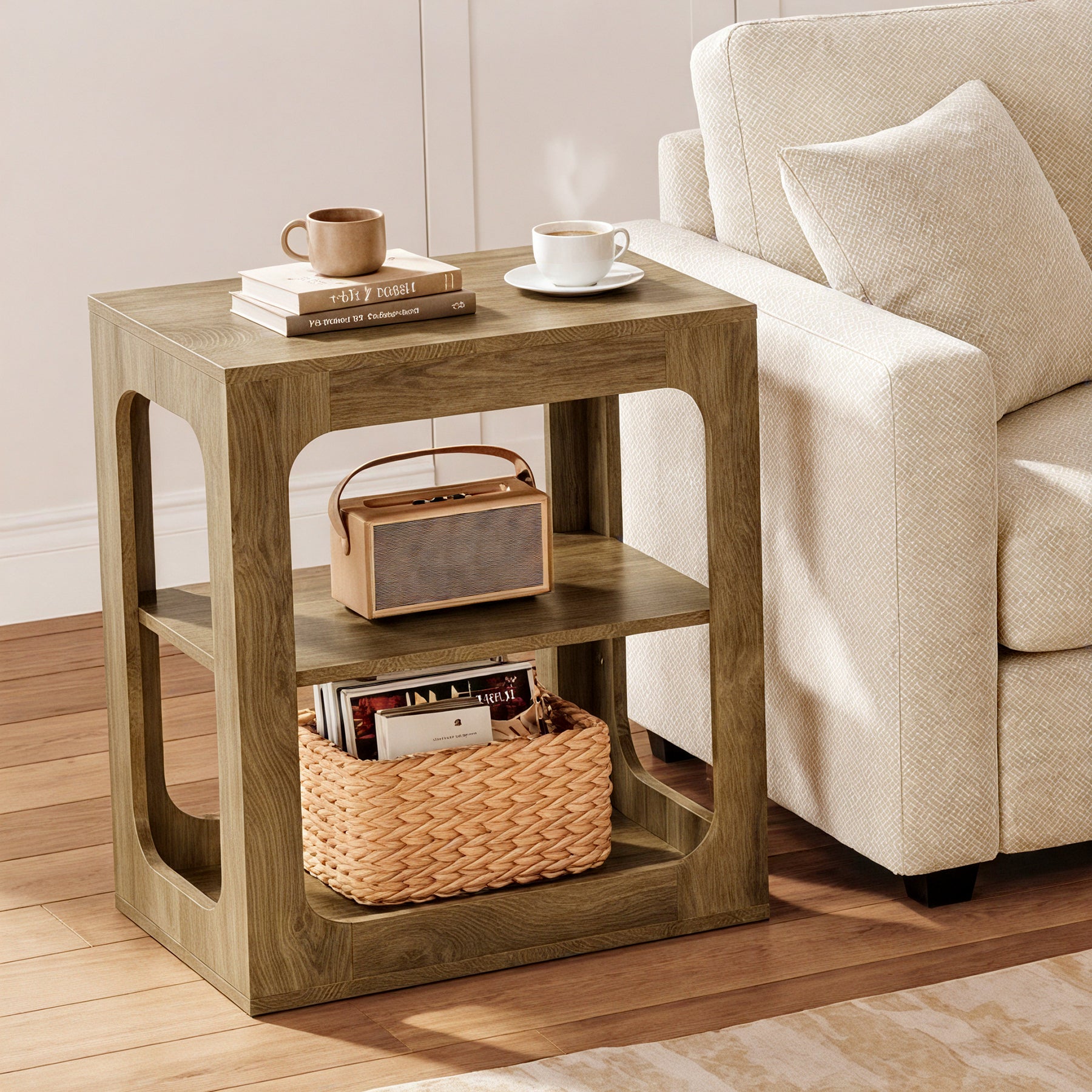 3-Tier End Table with Storage Shelves, Rustic Brown Side Table for Living Room and Bedroom