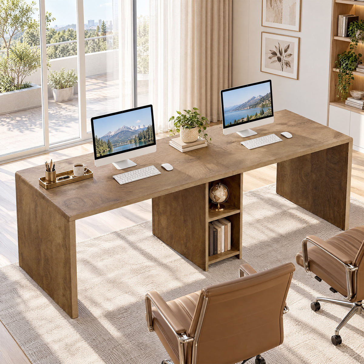 79" Double Desk for 2, Long Two Person Computer Desk with Shelves, Home Office
