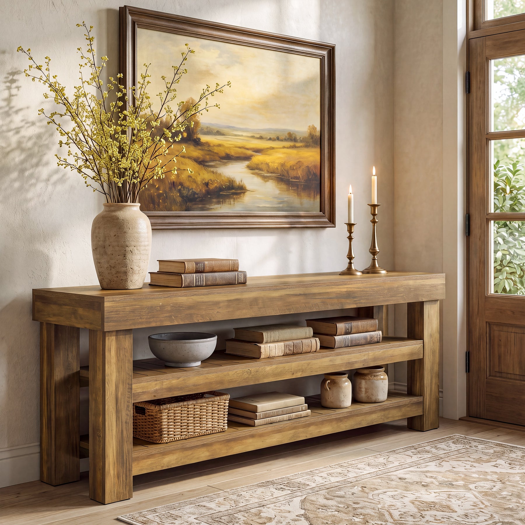 71" Extra Long Console Table with 2 Shelves, Narrow Rustic Farmhouse Sofa Table, Entryway