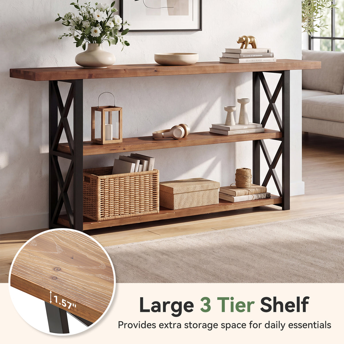 63" Solid Wood Console Table, 3-Tier Narrow Behind Couch Sofa Table, Entryway